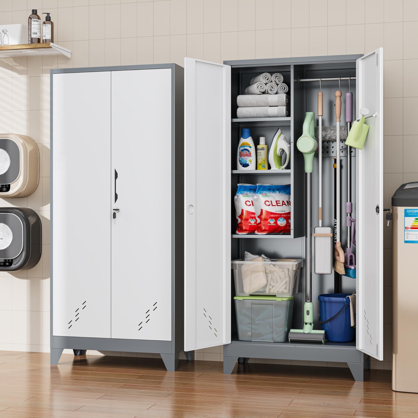 CBNTKI 61" Broom Storage Cabinet, Cleaning Tool Storage Cabinet, Garage Utility Storage, Metal Broom Closet for Home, Garage, Utility Room, Hanging Rod (Gray White, Door-2)