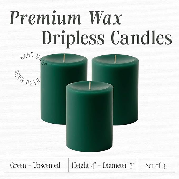 Mister Candle Dripless Unscented Pillar Candles, Set of 3 Hand Poured Solid Color Non-Scented Candles for Home Decor, Premium Wax, 60 Hr Burn Time - 3x4 Inch, Green