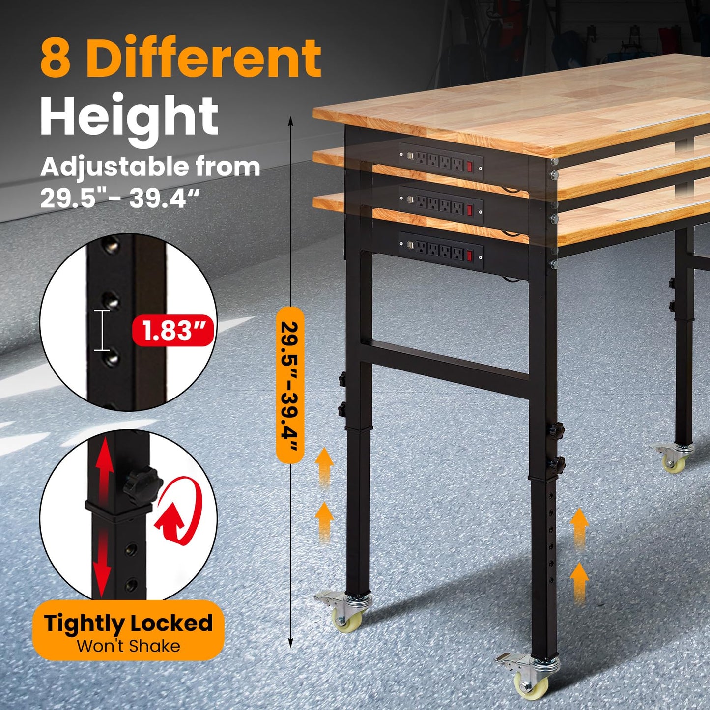 48" Adjustable Workbench with Power Outlet, 2000 Lbs Heavy Duty Work Table, 29.5"-39.4" Height Adjustable Workbench with Wheels & Pegboard, for Garage Office Workshop Home Commercial