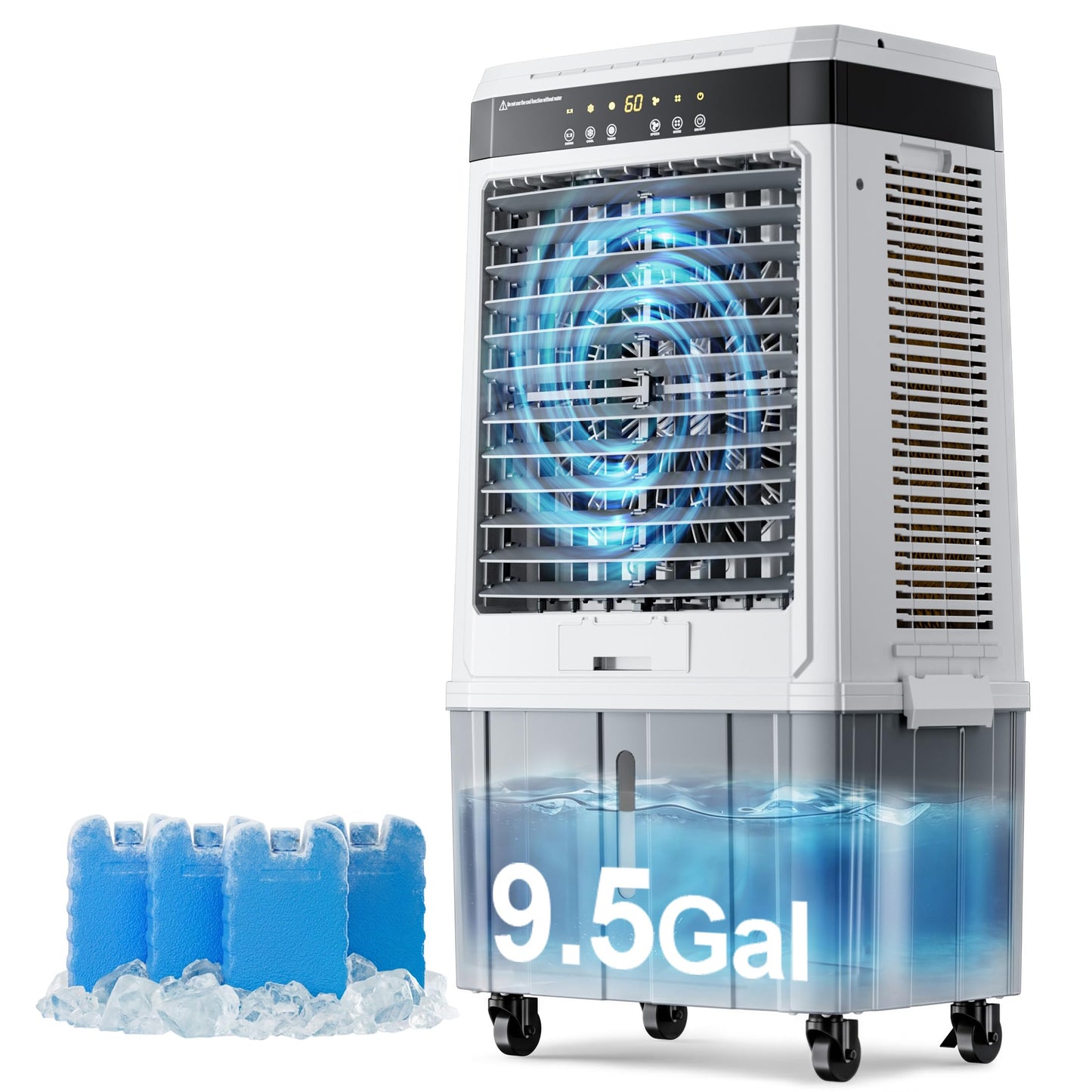 AKIRES 2800CFM Swamp Cooler Air conditioner,Evaporative Air Cooler with 9.5Gal Detachable Water Tank,Ice Packs,12H Timer,Portable Cooling Tower Fan for Indoor Outdoor White