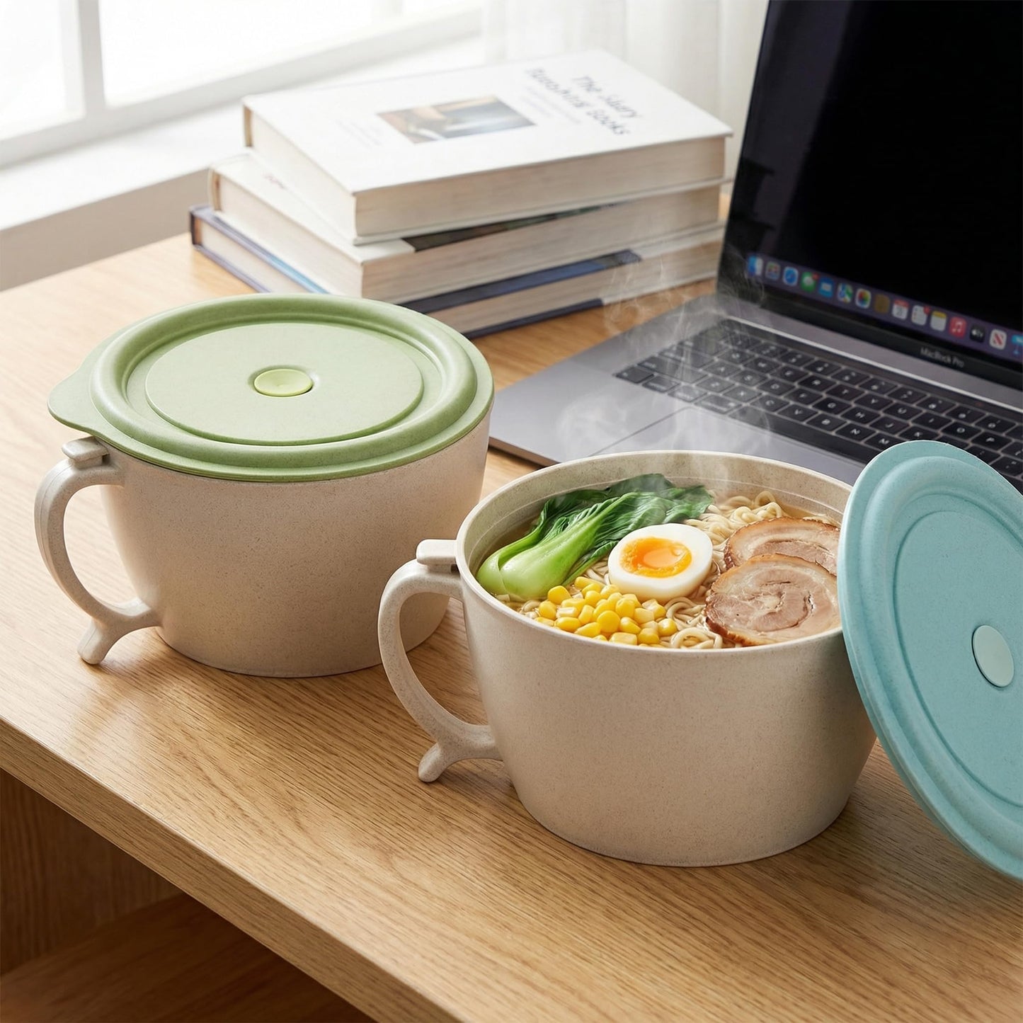 SOUJOY 2 Pack Noodle Bowl With Lid, 40 OZ Large Microwave Wheat Straw Soup Bowl with Phone Holder, Instant Noodle Bowl for Soup, Noodles, Ramen