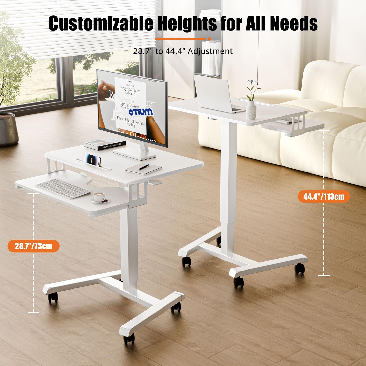 ERGOMAKER Mobile Standing Desk with Keyboard Tray, Gas Spring Rolling Desk with Lockable Wheels, Portable Laptop Desk, Adjustable Height Stand Up Desk, Computer Workstation Home Office, White