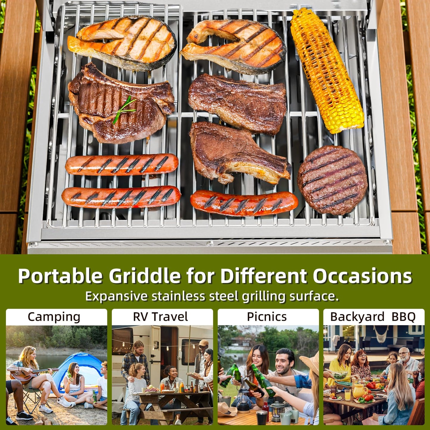 Electactic 3-Burner 24,000 BTU Portable Flat Top Propane Gas Grill, Heavy-Duty Stainless Steel 2-in-1 Tabletop Grill and Griddle Combo for Commercial BBQ, Outdoor Cooking, Camping,Tailgates & Backyard