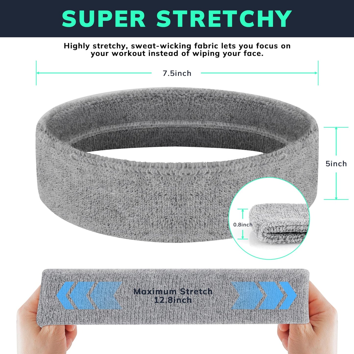 Sweatbands Men's and Women's Sports Bandanas 3 Pack Grey Towel Fabric Moisture Transferring Sports Bandanas for Tennis, Basketball, Running, Gym and Fitness Workouts