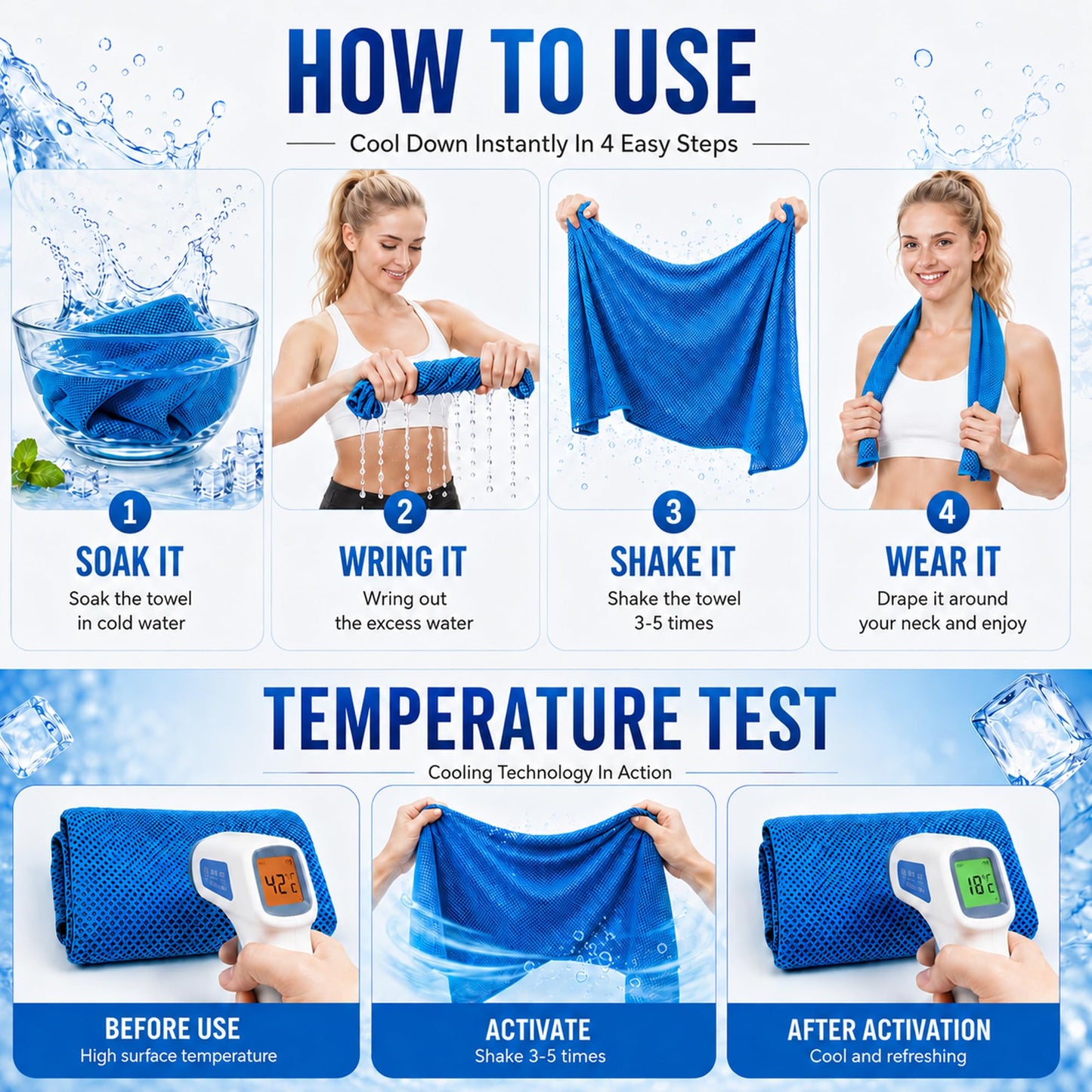 HiFisto 4 Pack Cooling Towels for Neck and Face, Sweat Ice Towels for Gym, Soccer Accessories for Game Day, Workout, Yoga, Golf, Camping, Hiking & Sports, Watch Party, Sports Fans,Hot Weather Relief