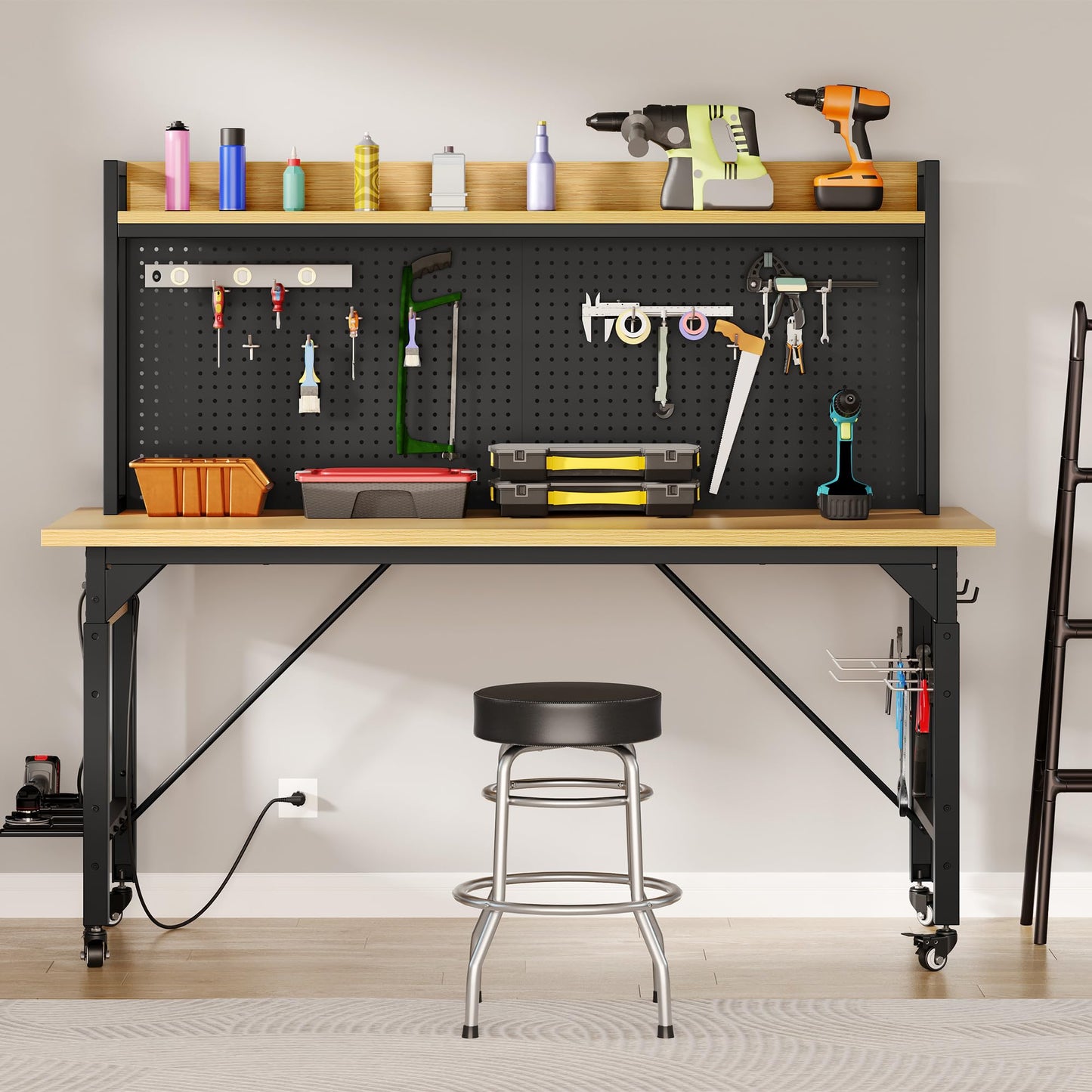 YITAHOME 48" Adjustable Workbench with Pegboard, Wheels, 1600 LB Capacity, Rolling Work Table with AC/USB Outlets, Hooks, and Rack, Heavy-Duty Work Bench for Garage, Workshop, Office