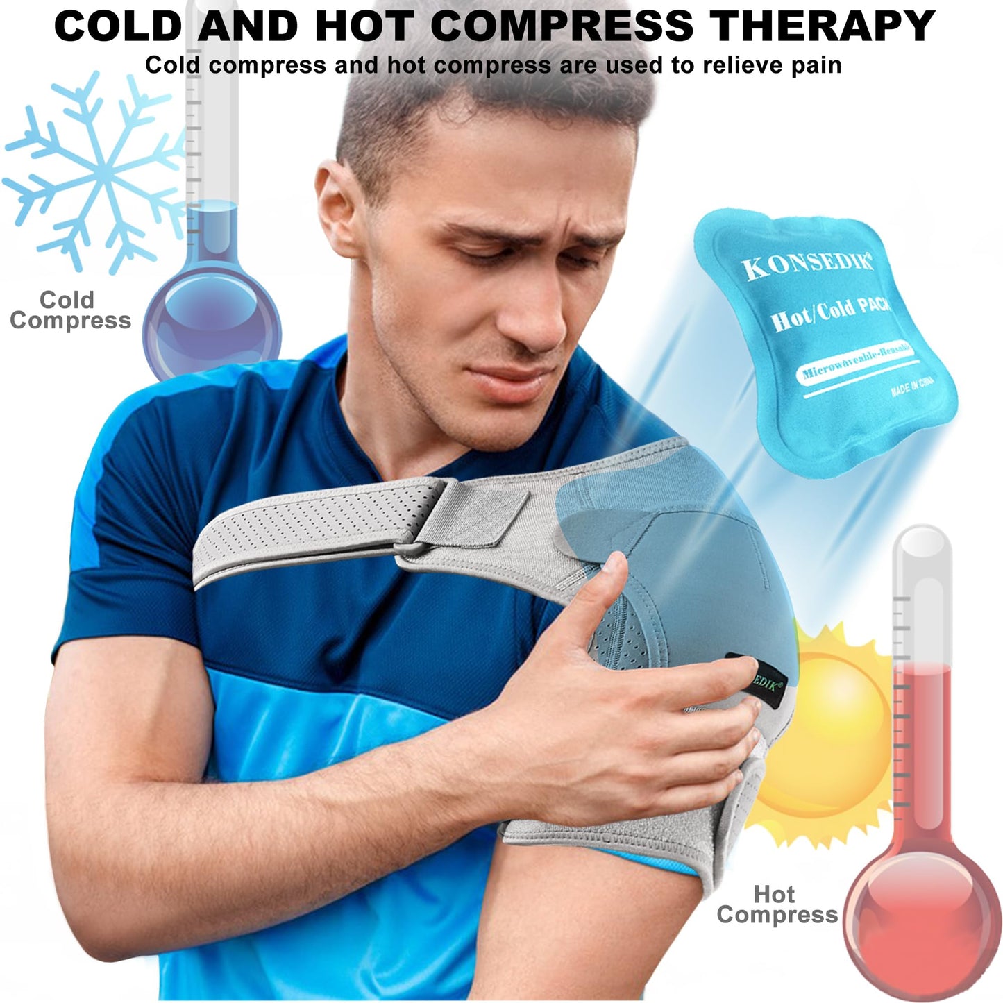 KONSEDIK Shoulder Brace Immobilizer with Ice Pack,Compression Rotator Cuff Support for AC Joint Pain Relief,Frozen Shoulder,Dislocation,Labrum Tear,Adjustable Wrap for Men&Women Left/Right(Gray,Small)