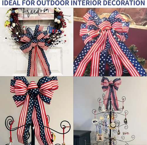 MuPera Patriotic Bow Set - 6 Pcs Red, White & Blue Wreath Bows for Independence Day Decor