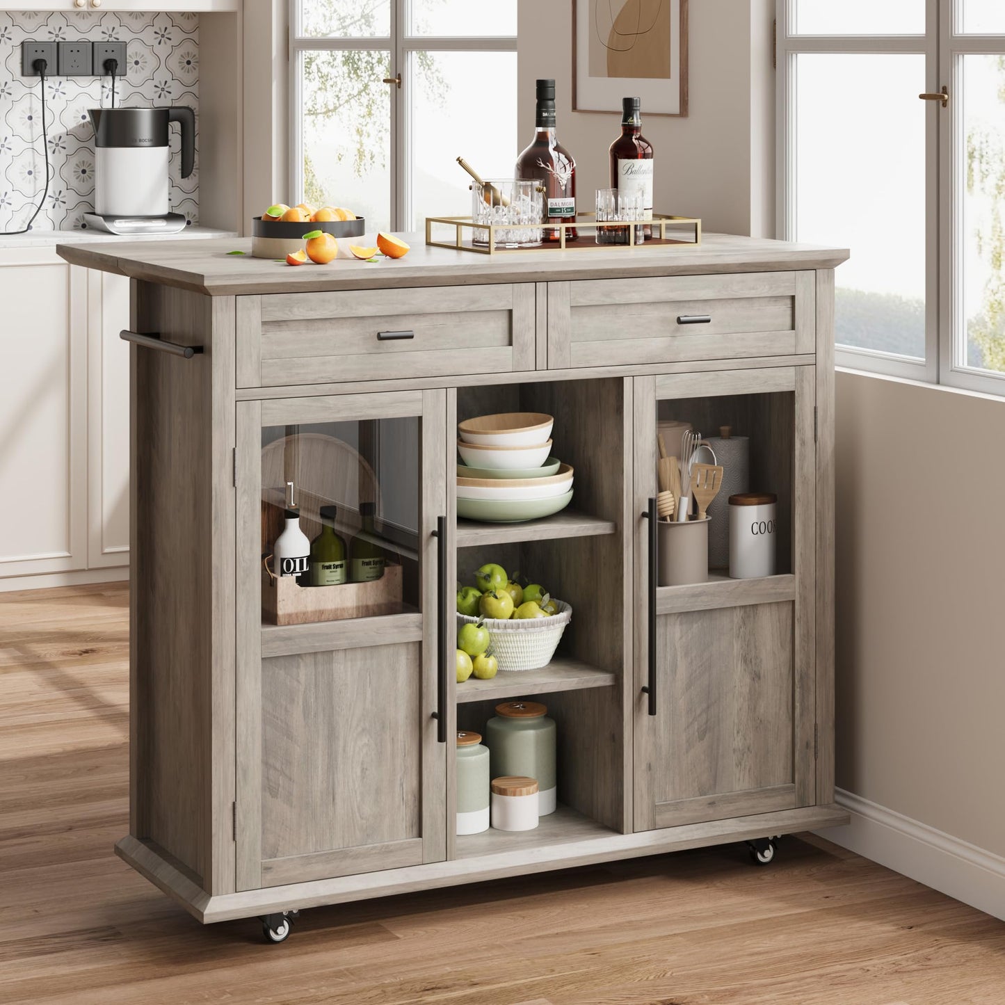 GarveeHome 41 in Rustic Kitchen Island on Wheels - Wood Drop-Leaf Table with 3-Tier Storage, Mobile Coffee Bar Cart (Light Gray)