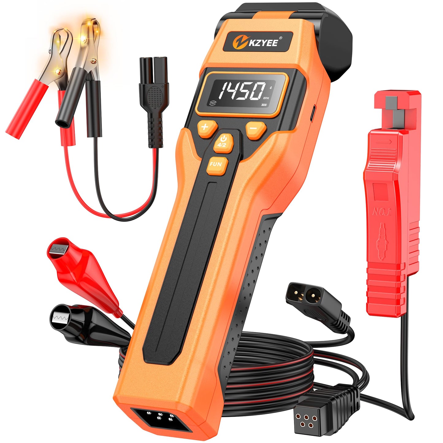 KZYEE KT80 Automotive Inductive Timing Light with Tachometer (RPM), Advance, Dwell Meter & 0-35V Voltage Test, 60° Adjustable LED Strobe, USB-C Rechargeable & 12V Backup, for Distributor Gas Engines