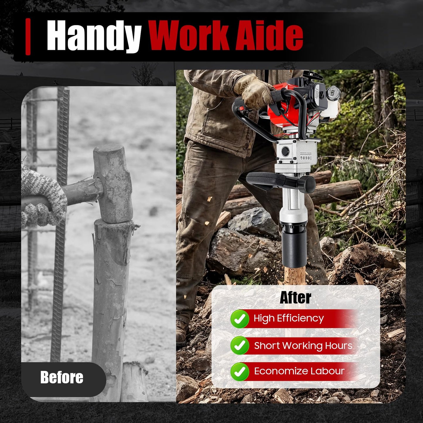 32.7CC 2 Stroke Gas Powered T Post Driver, 1000W Portable Fence Post Driver with Conversion Head, 7000RPM Petrol Pile Driver Hammer with Air-Cooled System for A Range of Piling Projects