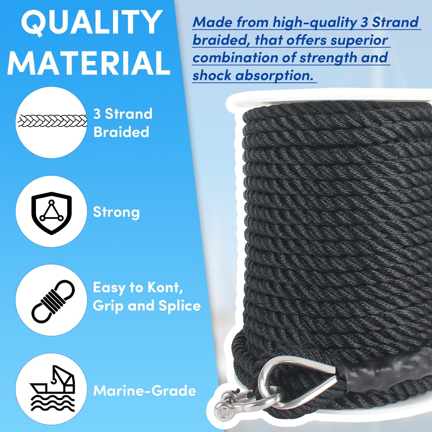 VEITHI Boat Anchor Rope 150 ft x 1/2 inch Black, 3 Strand Anchor Line Marine Rope with Stainless Steel Thimble & Shackle Ideal for Towing,Docking,Boats,Mooring,Anchoring,for Boats Up to 35'