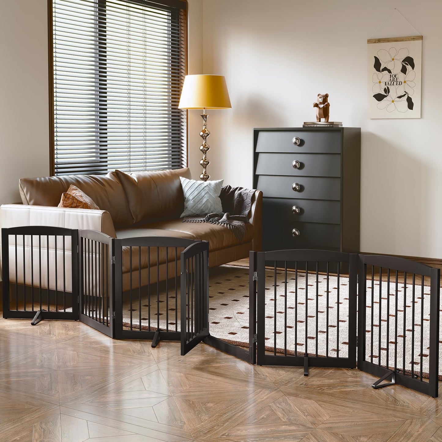 PUPETPO Freestanding Pet Gates with Walk Through Door, Dog Indoor Fence, Dog Gate for The House, Doorway, Stairs, Extra Wide Pet Gate, Support Feet Included, 120 Inch Wide, 6 Panels 24" Tall, Brown