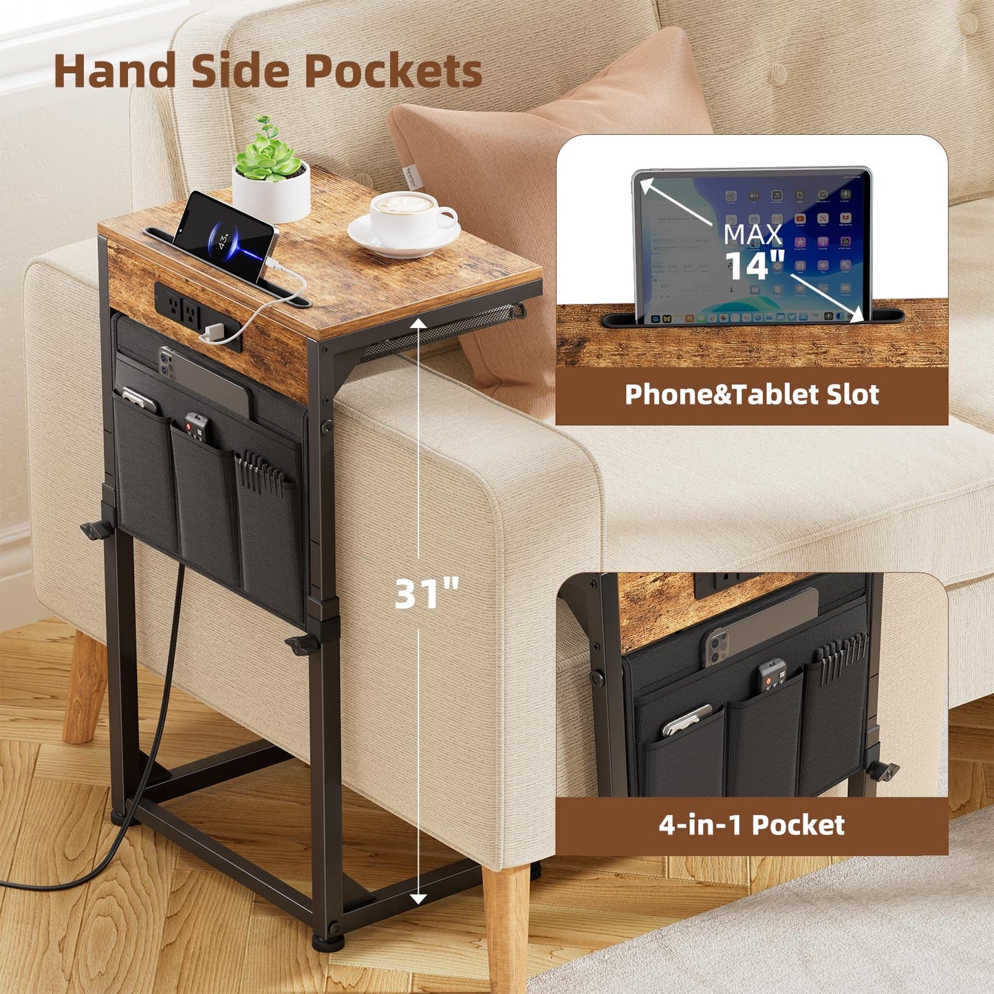 Simple Trending C Shaped End Table with Charging Station, Side Table Adjustable Height, Sofa Couch Table TV Tray with Storage Bag for Living Room, Rustic Brown