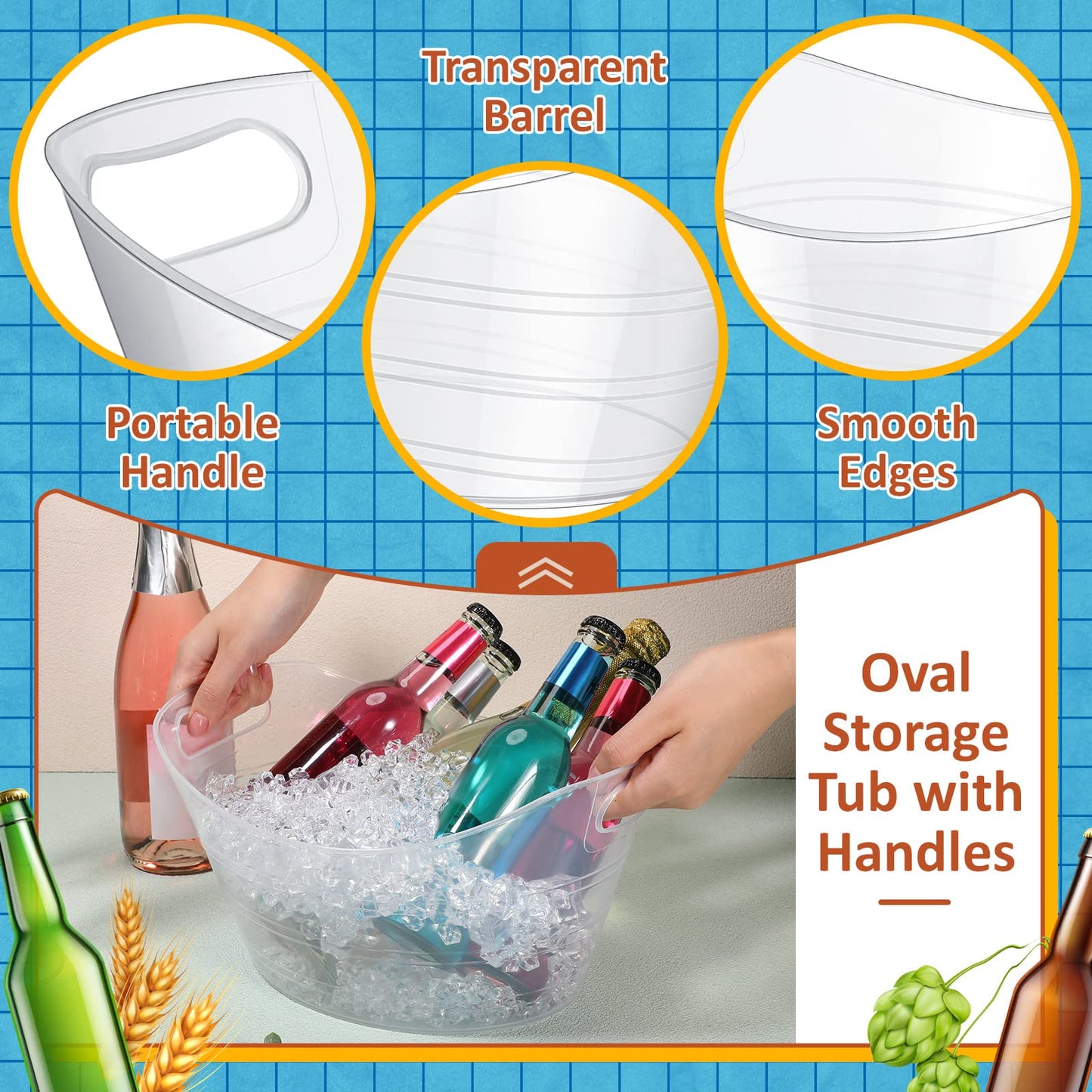 Norme 24 Pcs Oval Storage Tub with Handles, 4.5l Plastic Ice Buckets Bulk for Wine Beer Champagne Drink Cooler Beverage Storage Tub for Parties BBQ Weddings Party Outdoor Celebration(Clear)