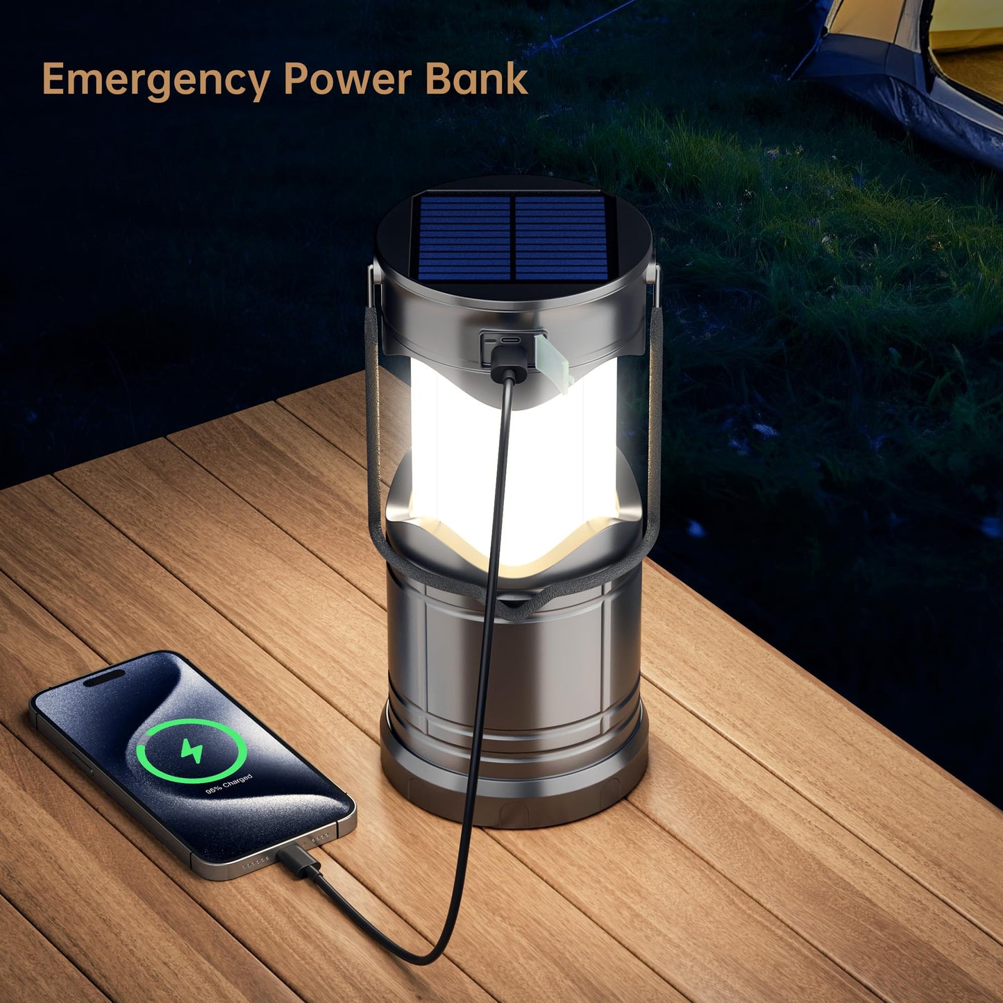Lichamp Solar Camping Lantern, USB Rechargeable LED, 3 Modes, Dark Gray, Model CLS-K001GH