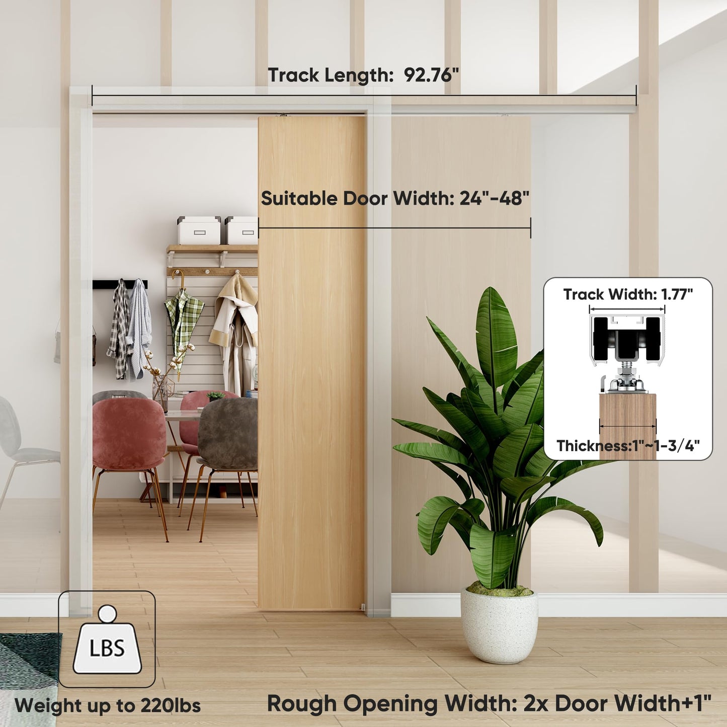 BarnBase Pocket Door Hardware Kit, 8FT Spliced Aluminum Track, 92" Quiet & Smooth Sliding, Suitable for Door Width 24"-48"