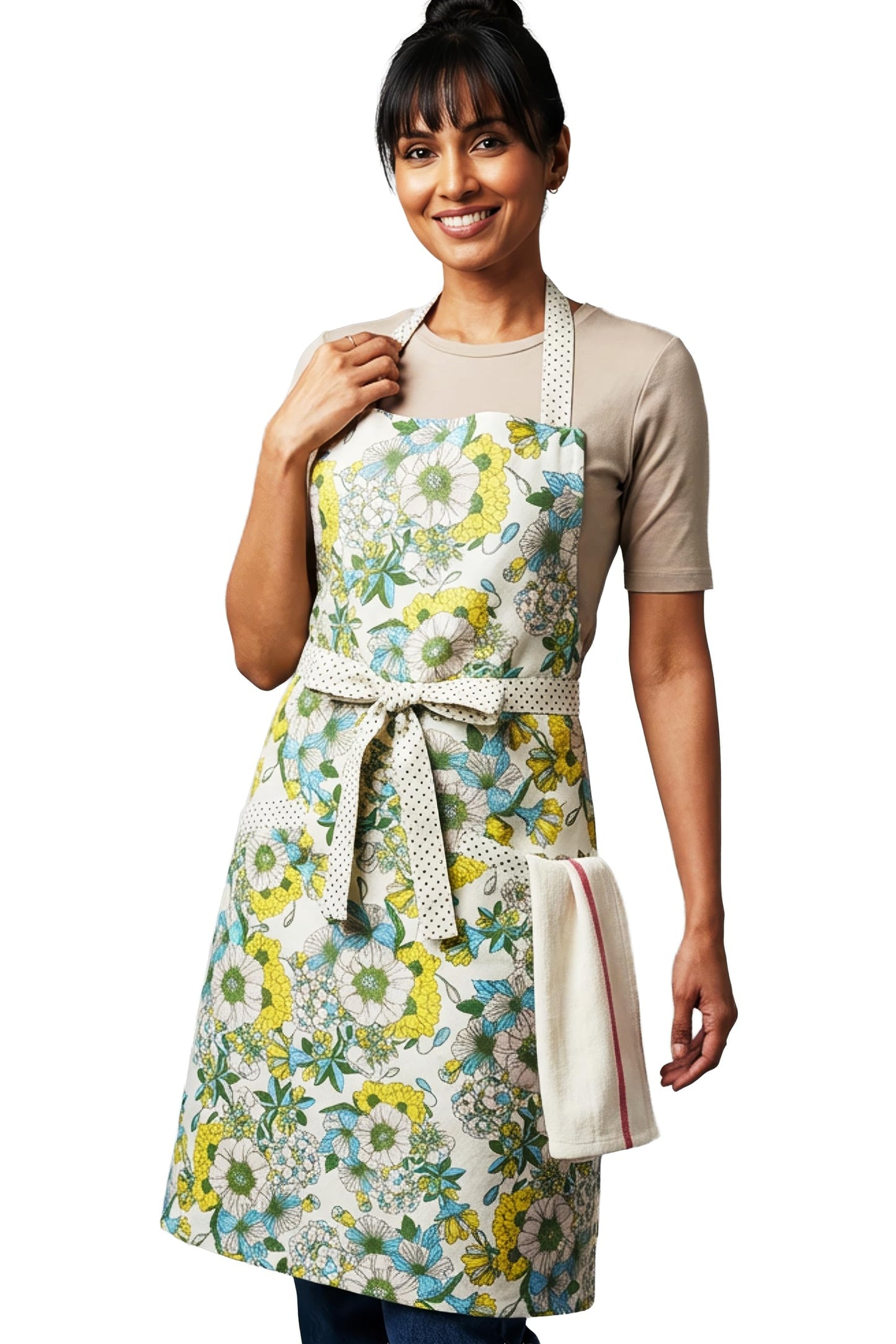 RUSTIQUE LINENS Floral Yellow 100% Cotton Printed Kitchen Apron with 2 Pockets for Women – Adjustable Chef Apron with Bright Flower Design for Cooking, Baking, or BBQ – Soft and Machine Washable