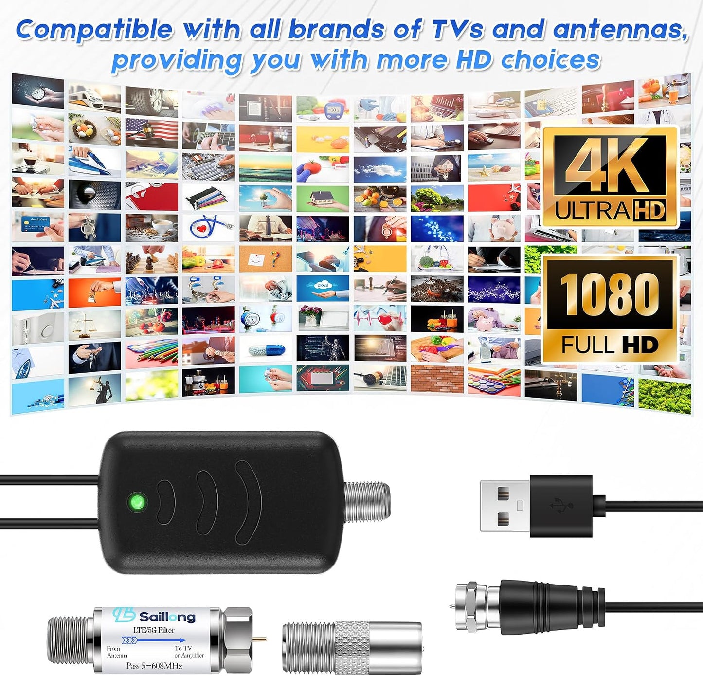Saillong TV Antenna Amplifier with LTE Filter Kit, Antenna Signal Booster for TV Indoor, Low Noise/Clears Up Pixelated