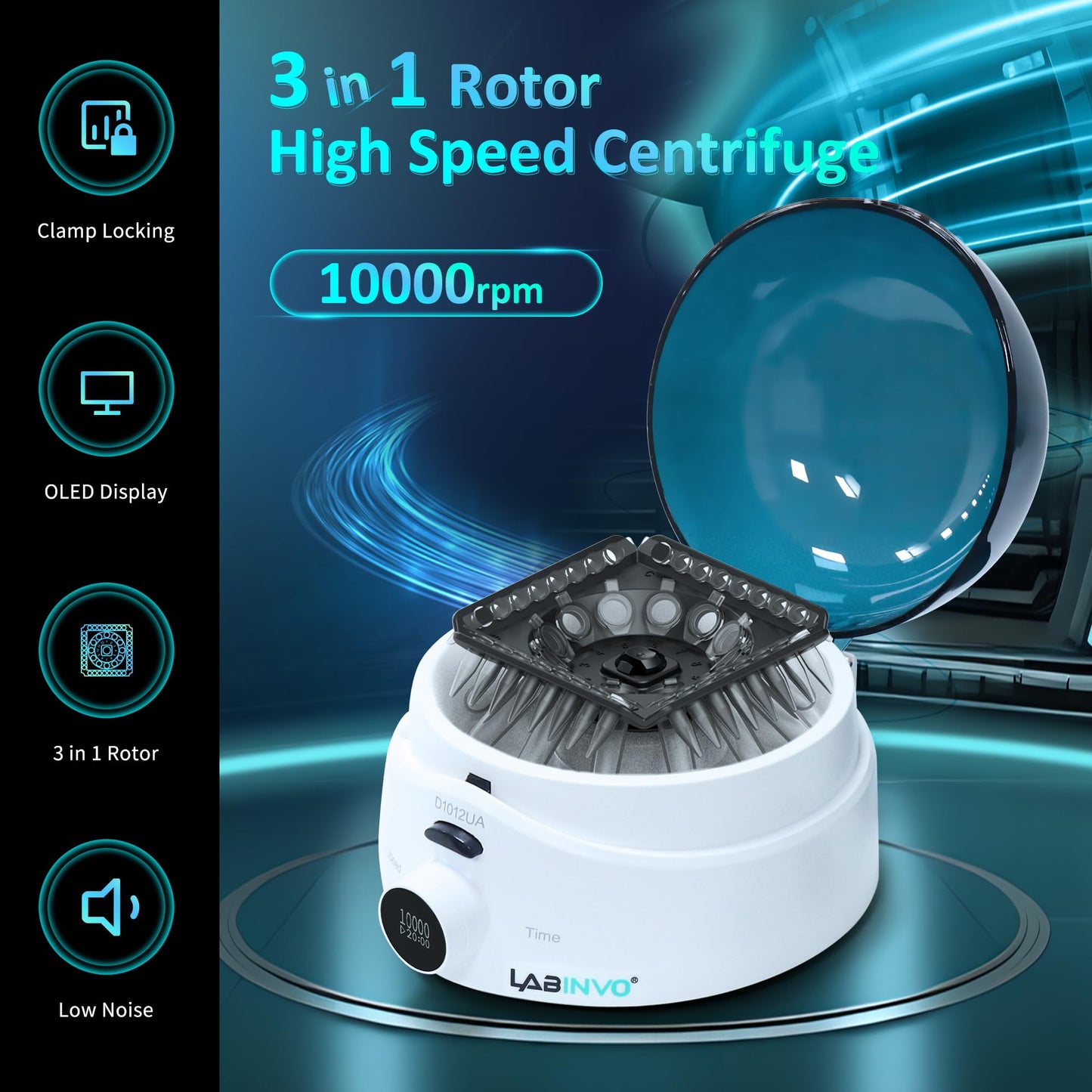 LABINVO Mini Centrifuge Machine, 10000RPM, OLED Display High Speed Lab Benchtop Centrifuges, 3-in1 Rotor for 0.5/1.5/2mL Tubes, and 4×PCR8 Strips, 0.2mL×44 PCR Tubes, IN-CEN001