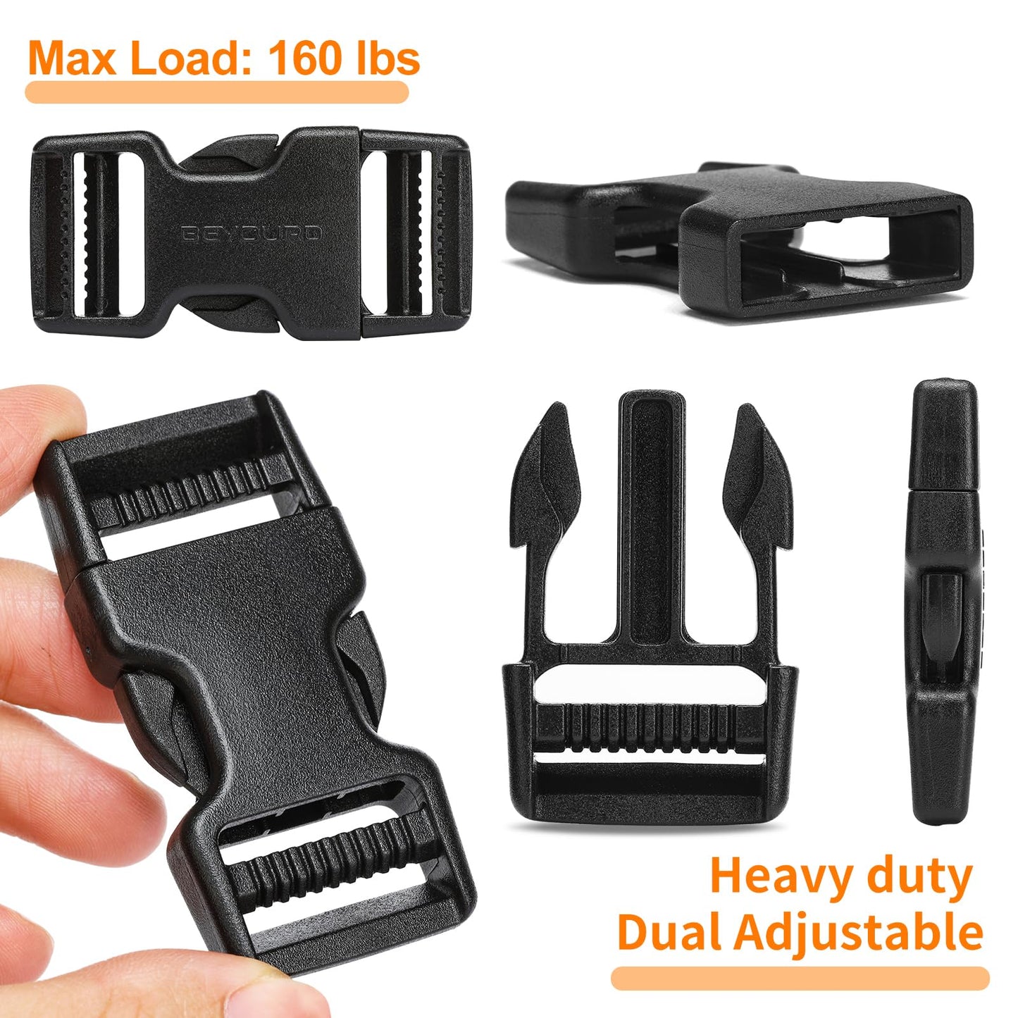 BEYOURD Buckles and Straps Set 1": 6 Yards of Thick Nylon Webbing, 6-Pack Heavy Duty Adjustable Quick Side Release Plastic Buckles, 12 Tri-Glide Slide Clips, Black (1-Inch Combo Set)