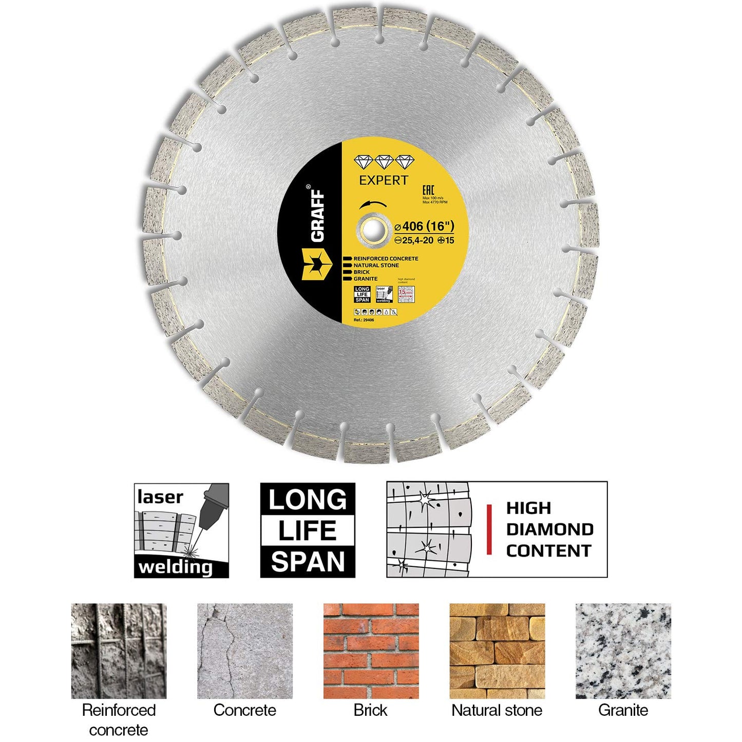 Laser Welded Diamond Blade 16 Inch — Diamond Cutting Wheel for Cutting Reinforced Concrete, Stone, Marble, Granite, Brick, Masonry — Diamond Saw Blade Segment Height 0.591 (15 mm) — GRAFF