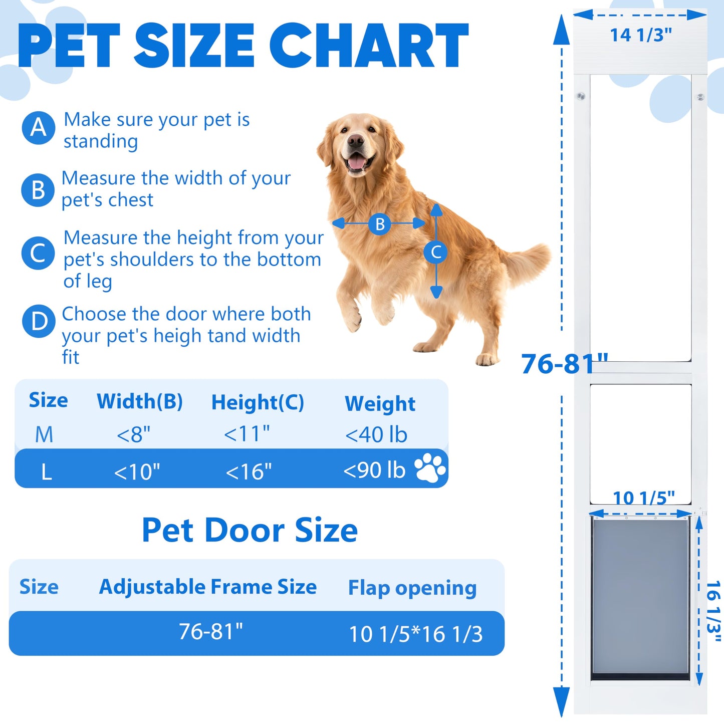 Dog Door for Sliding Glass Door,3-Layer Reinforce Door Flap,Thermal Insulation,Anti Deform,Magnetic Strip X2 Effective Weatherproof,Heavy-Duty Aluminum Frame,76-80" Adjust,for Large Dog Under 90lb