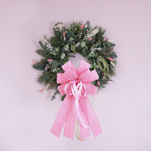 Large Pink Burlap Easter Wreath Bow - Spring Decorative Bow with String | 11.42 x 20.87 Inches