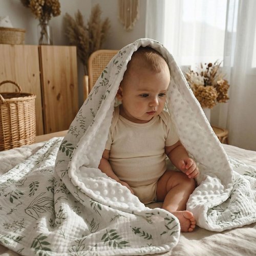 GLLQUEN Baby Blanket - Soft Muslin Cotton Front with Dotted Fleece Backing | Unisex Greenery 30 x 40 Inches