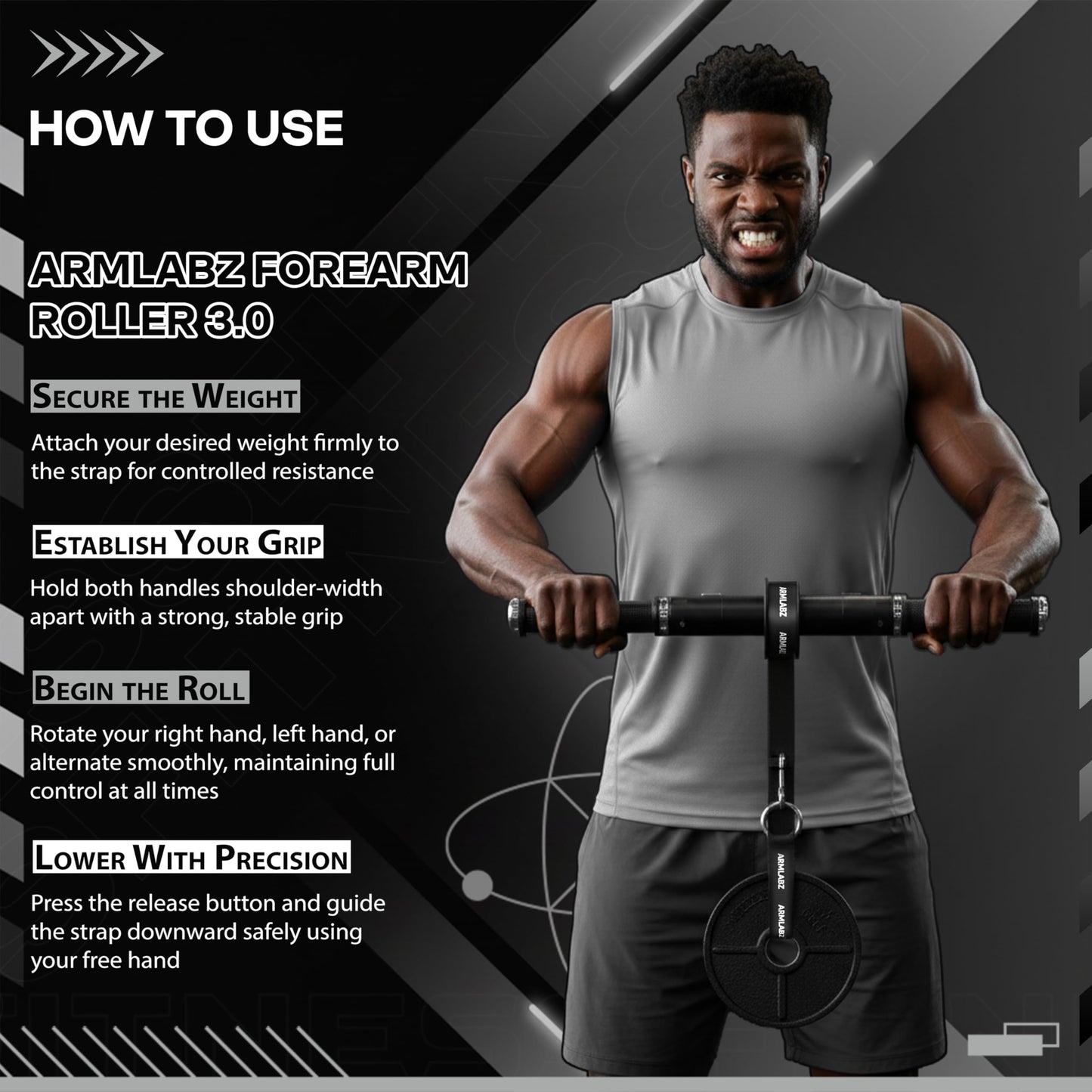 ArmLabz Forearm Roller 3.0 Premium Wrist Roller and Forearm Strengthener, Grip Strength Trainer and Hand Exerciser, Quick Reset, One Arm Use, Metal Core, Heavy-Duty Strap