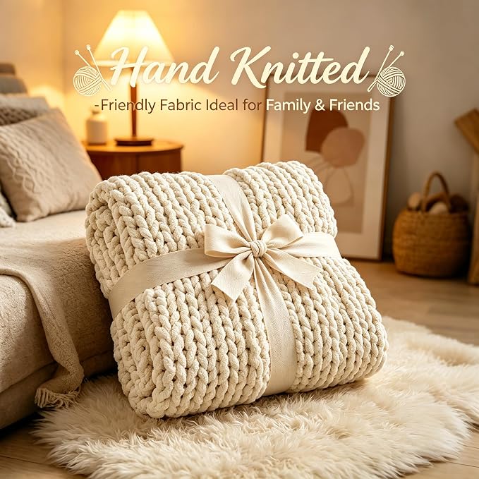 Admitrack Chunky Knit Blanket Throw 51"x63", 100% Hand Knit Chenille Throw Blanket for Sofa & Home Decor, Soft and Cozy Knitted Throw Blankets (Ivory，51"x63")