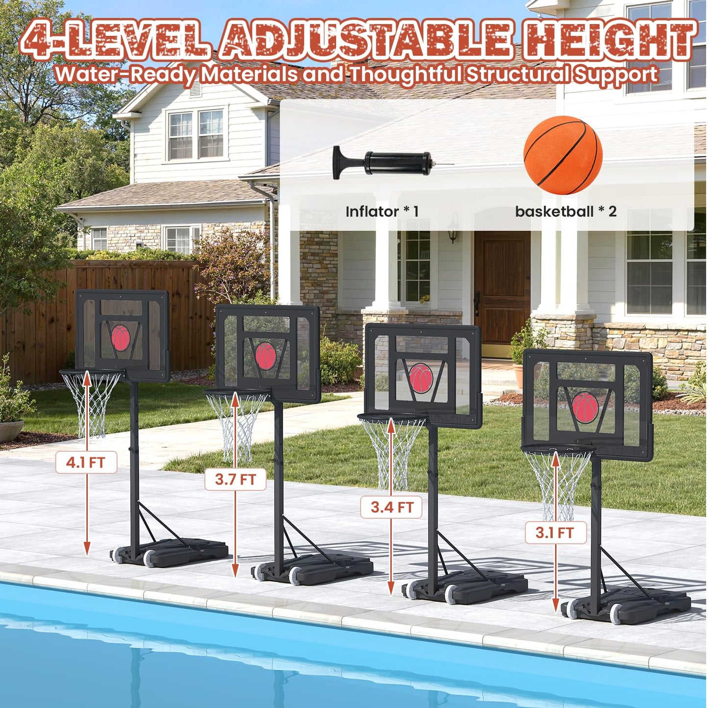 Danrelax 32“x23” Pool Basketball Hoop, 3.1FT-4.1FT Height Adjustable Poolside Basketball Hoop,Include Air Pump,Basketball, Made for Teens, Adults, Black