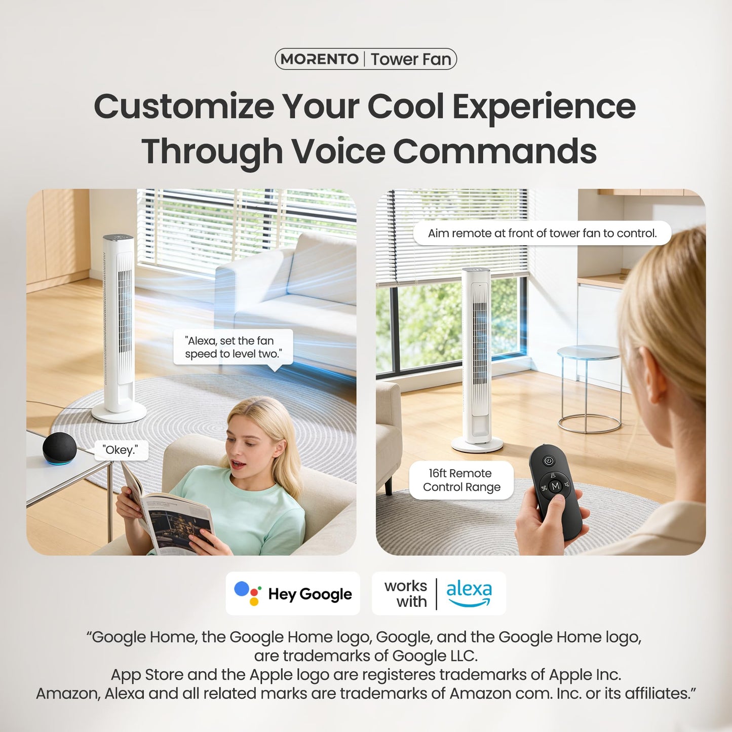 MORENTO Tower Fan for Bedroom, 2026 Upgraded 90° Oscillating 43" Standing Fan with 4 Speeds, 4 Modes, 25ft/s Velocity Bladeless Fan with APP/Voice/Remote/Touch Control, 28dB, 12H Timer, White 1Pack