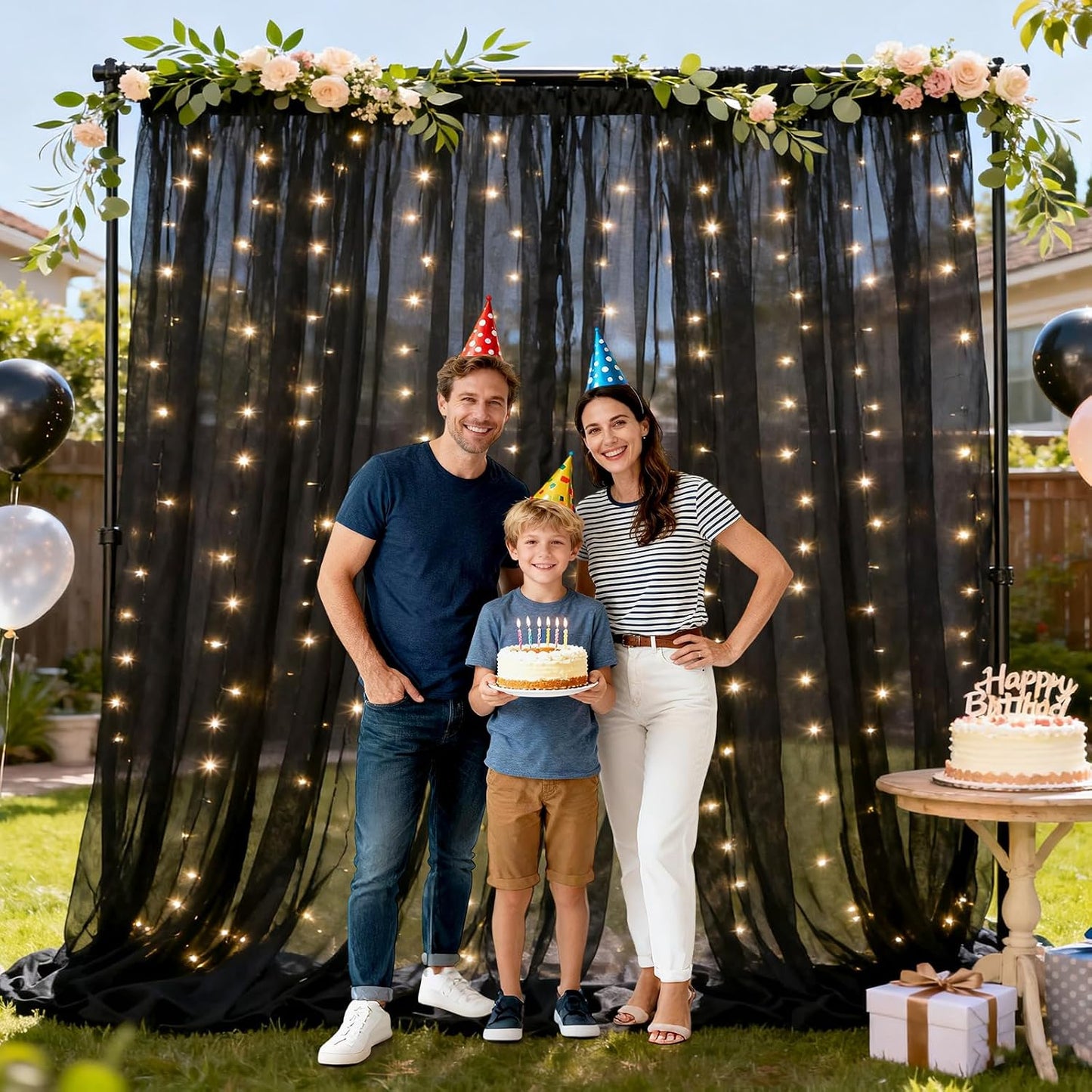 Ledido 1010ft 300LED Decoration(2 510ft)Black Black Tulle Backdrop Curtains with Lights String - Fairy Lights Sheer