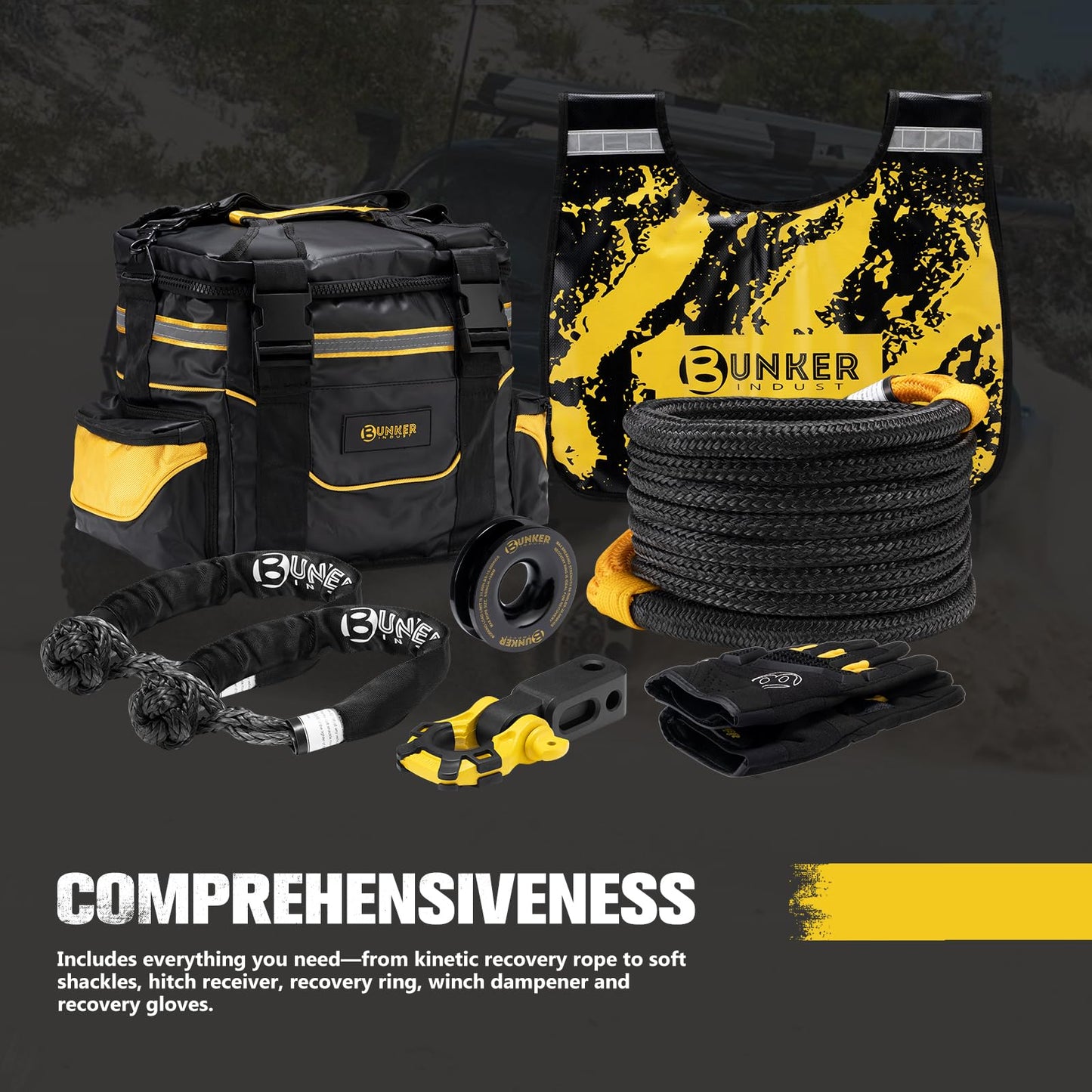 BUNKER INDUST Recovery Kit, 1"×30ft Kinetic Recovery Rope + 2 Soft Shackles + Recovery Ring+ Shackle Hitch Receiver + Winch Dampener+ Gloves+ Carry Bag, Off Road 4x4 Recovery Gear Winch Accessories