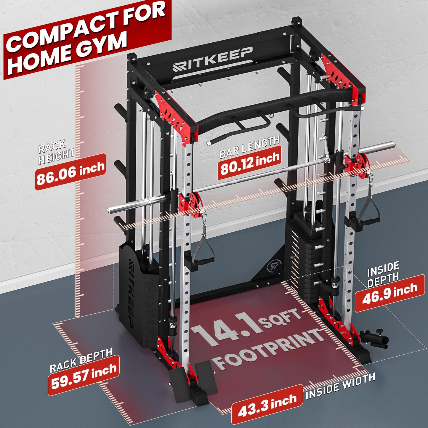 Home Gym Smith Machine with 320lb Weight Stacks – 6-in-1 Power Rack, Crossover, Pull-Up & Dip Station, Full Body Strength Training – RitKeep PMAX-5600 Pro (Black&Red(320LB)-2026 Version)