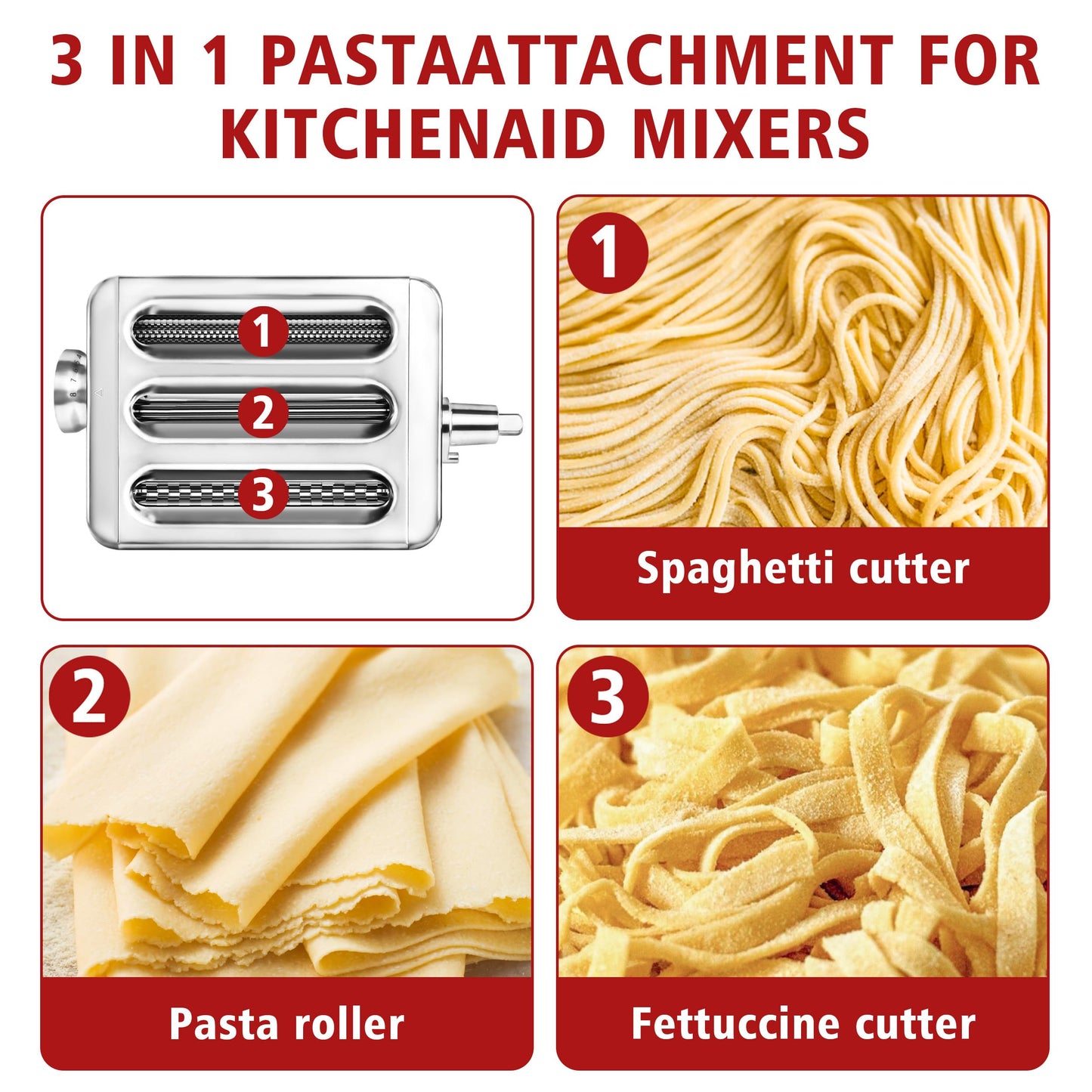 3-in-1 Metal Pasta Maker Attachment, Compatible with All KitchenAid Stand Mixers, Includes Pasta Roller, Fettuccine Cutter, and Spaghetti Cutter, Make Fresh Homemade Pasta with Ease