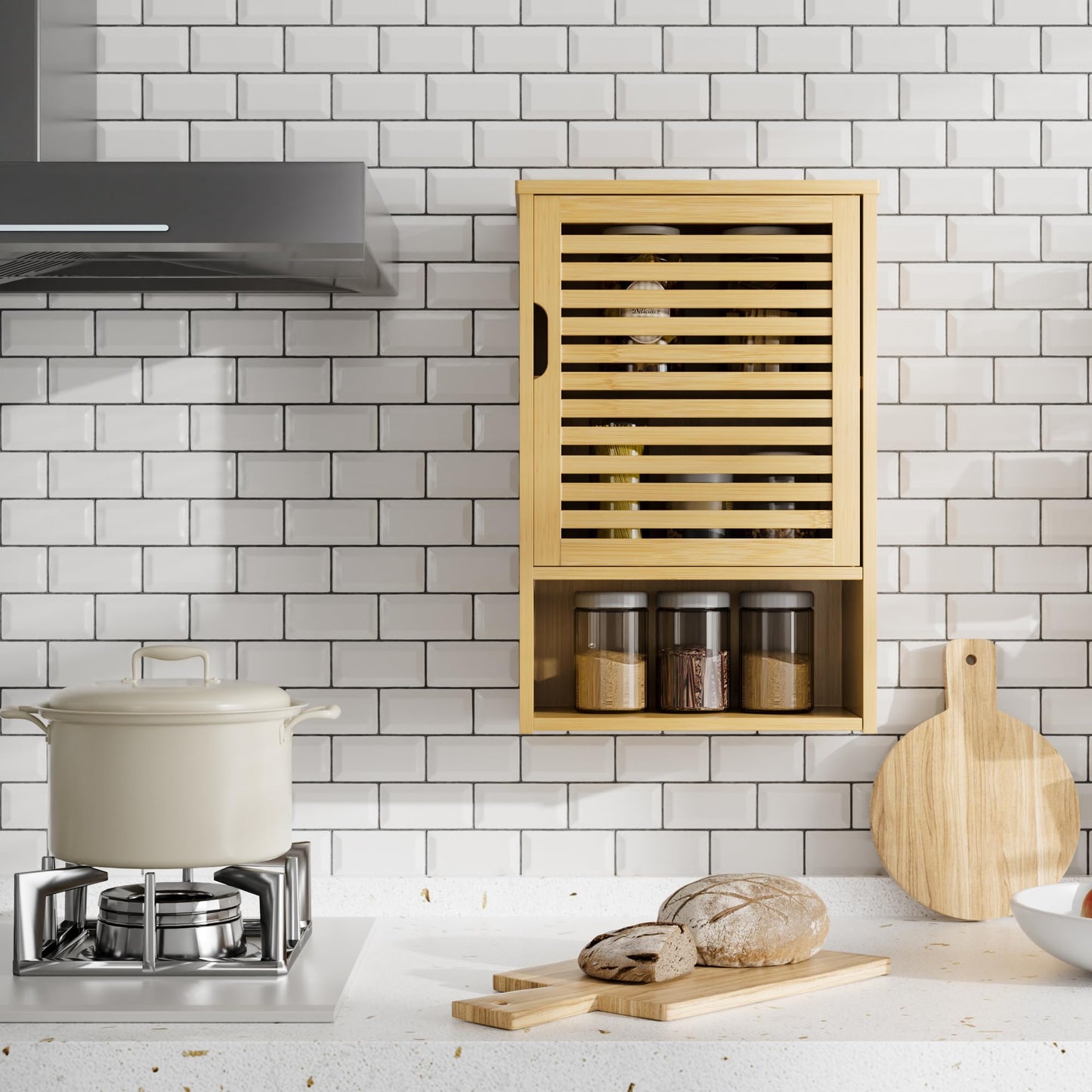 HITNET Bathroom Wall Cabinet, Medicine Cabinet Over the Toilet, Bamboo Hanging Storage Organizer with Single Door and Open Bottom Shelf, for Kitchen Living Room, Natural