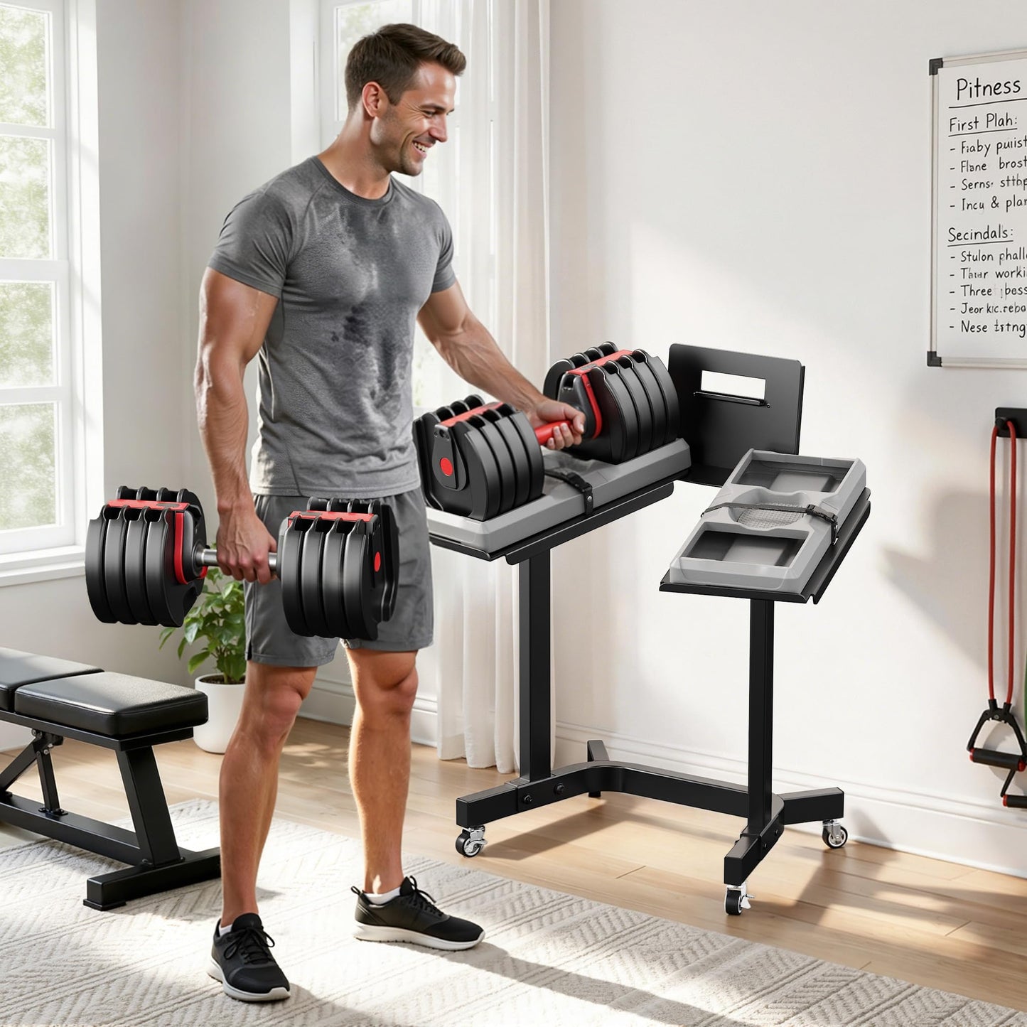 Adjustable Dumbbell Stand Rack with Tablet Holder and Wheels, Heavy Duty Rolling Organizer Cart for Home Gym (Rack Only)