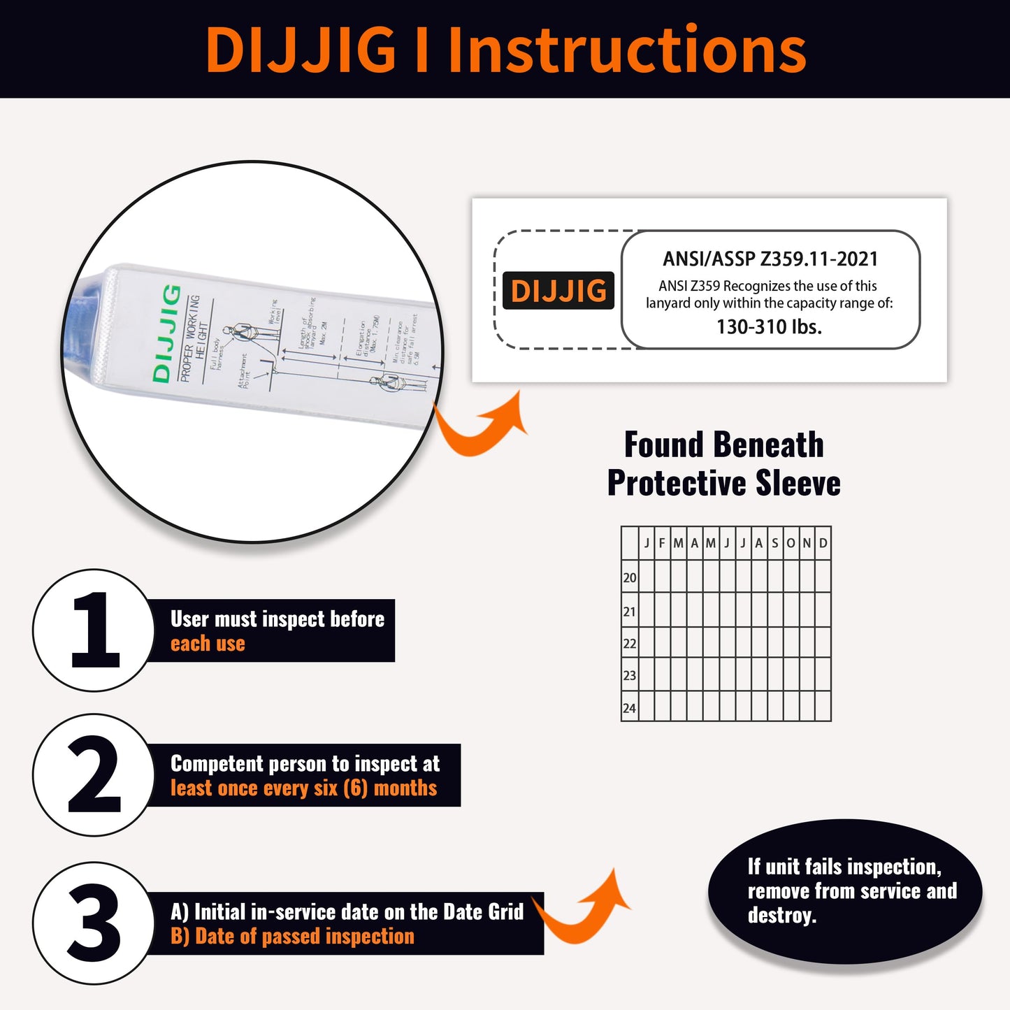 DIJJIG Rope Harness Safety Lanyard 25ft Vertical Roofing Rope With Grab Snap Hooks Shock Absorber Fall Protection Tree Climbing Line Kit Heavy Duty Roof Safety Equipment ANSI CE
