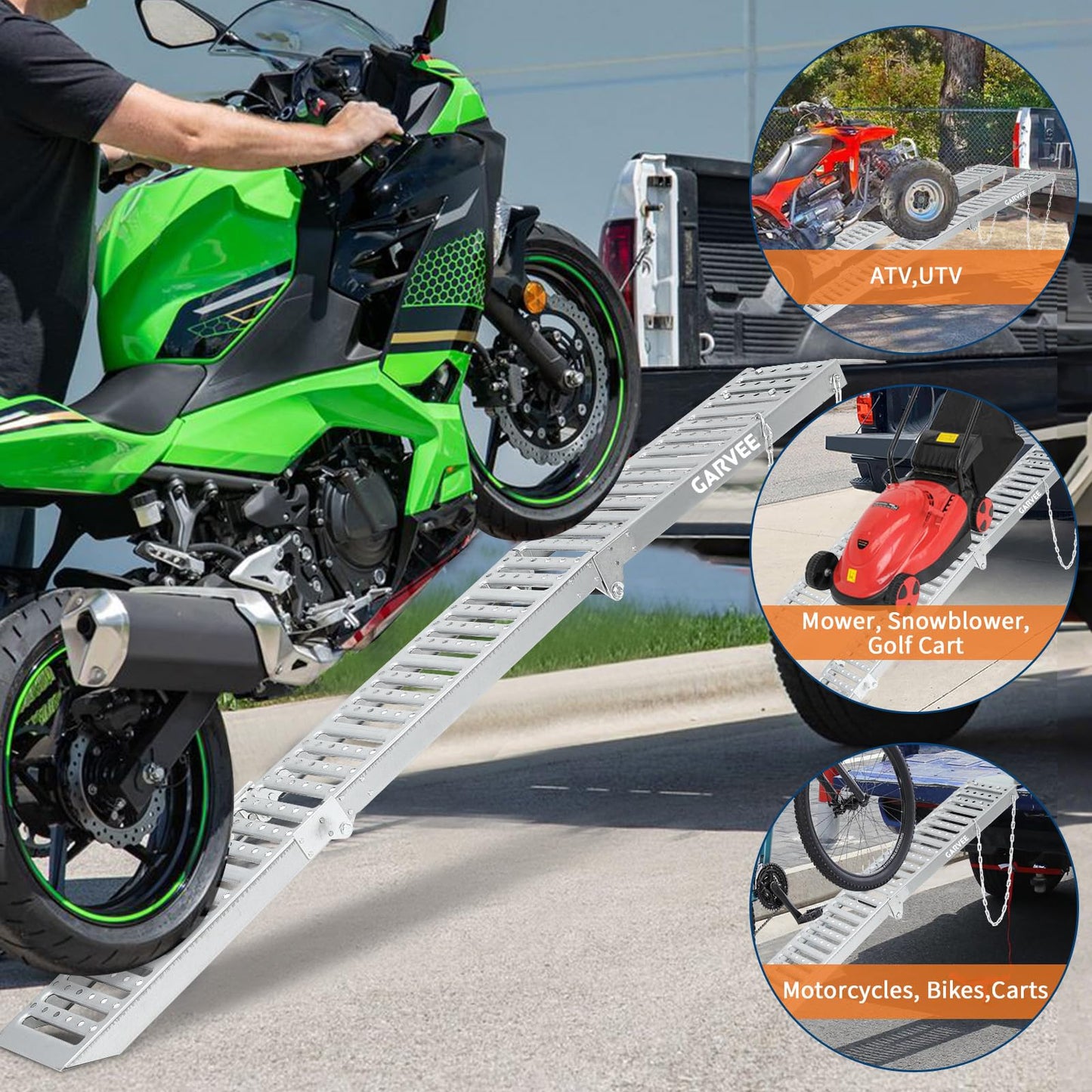 Garvee 72" Loading Ramps for Pickup Trucks, 2-Pack Folding Truck Ramps 1000 Lb Capacity Total, Tri-Fold Design for Motorcycle, Dirt Bikes, Lawn Mowers, ATVs, 72" L x 9" W, Silver