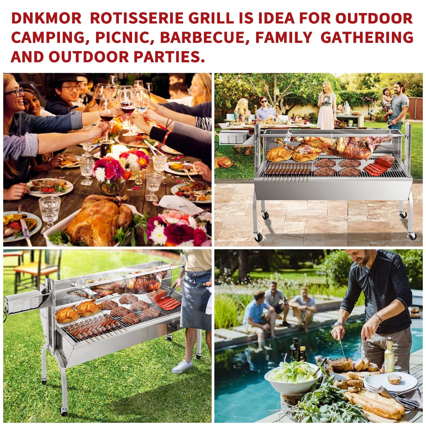 Rotisserie Grill Stainless Steel Charcoal Spit Roaster, 50" Pig Lamb Hooded Roaster Charcoal Spit with 30W Motor & Adjustable Height Lockable Casters for Outdoor Camping Party, Rated 150 LB