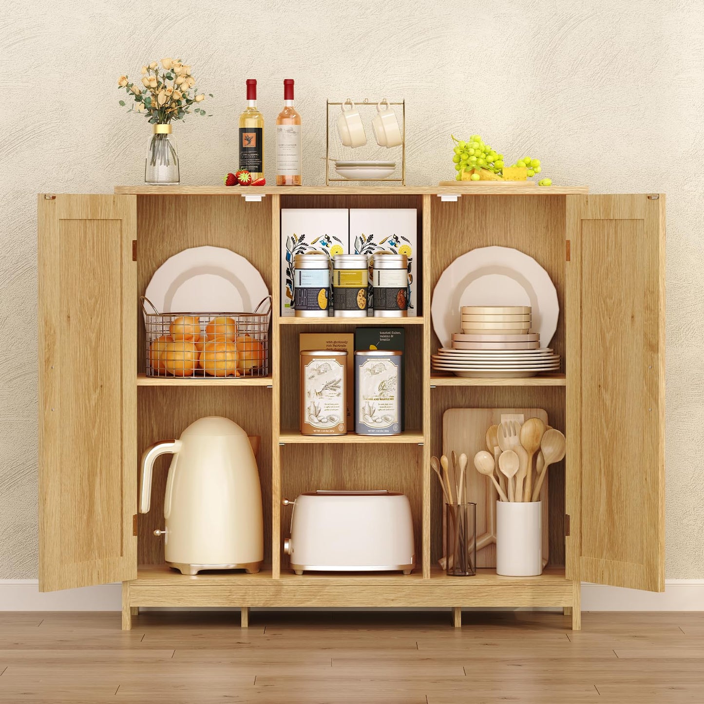 Iwell Rattan Storage Cabinet with 4 Adjustable Shelves, Coffee Bar Cabinet, Sideboard Buffet for Kitchen, Living Room, Entryway, Natural