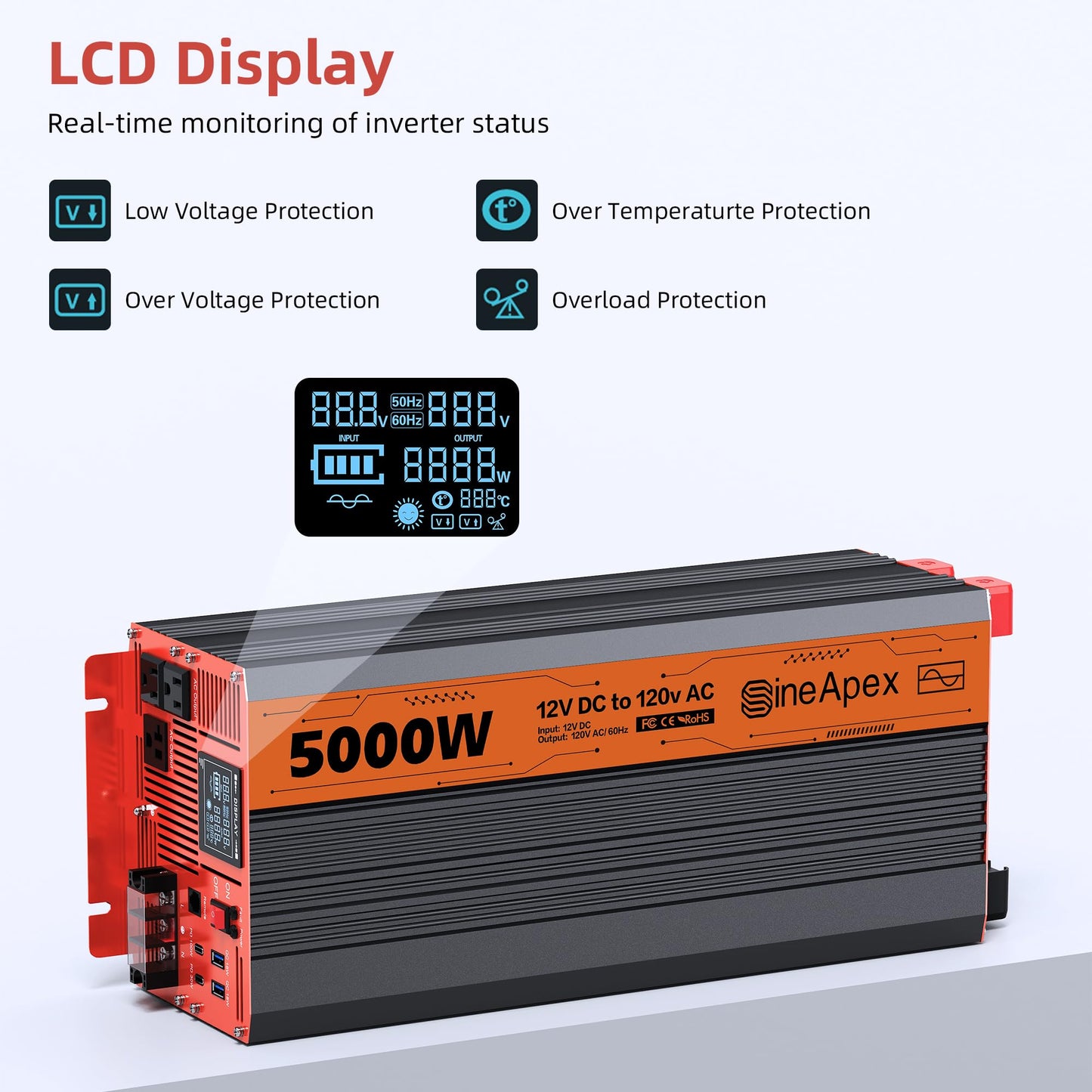 5000W Pure Sine Wave Inverter, Car Power Inverter 12V to 120V with Dual AC and 20A Socket, 18W+18W USB, 100W+30W Type-C, Surge 10000W, Remote Controller