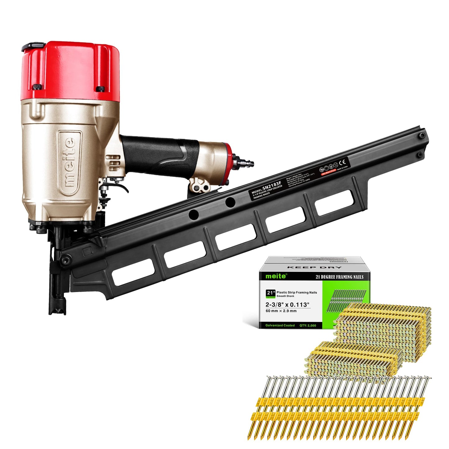 meite SN2183F 21 Degree Pneumatic Framing Nailer with 2-3/8 Inch Ring Shank Galvanized Nails 1,000PCS, Air Framing Nail Gun for Decking Sheathing Subfloors
