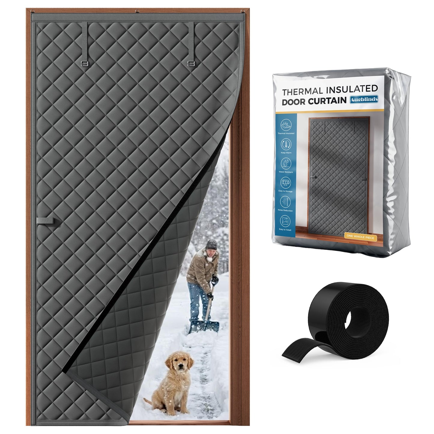 Augblinds Thermal Insulated Door Curtain Fits Door Size 36 x 80 Inch, Oxford Cloth Thicken Cotton Filled, Curtain Size 39" x 82", Single Piece Door Insulation Blanket Cover for Cold in Winter, Grey