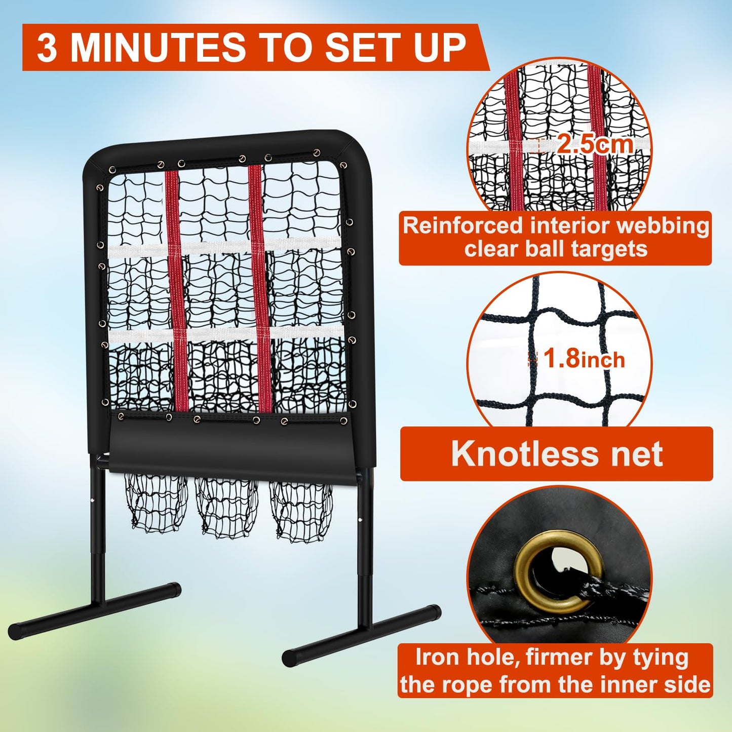 9 Hole Pitching Net with Strike Zone and Handbag, Fixed by 4 Ground Stakes & 2 Sandbags. Adjustable Heights (39-46in) for Pitching Target Net, Softball Training