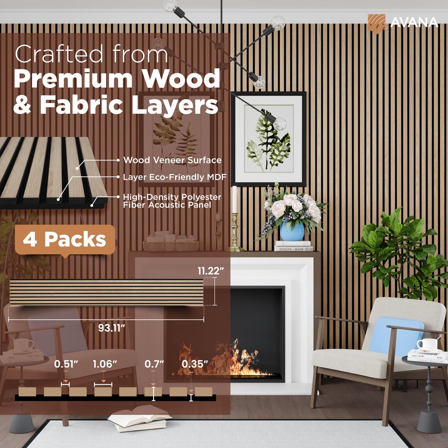 Avana Acoustic Wood Wall Panels – 93.2x11.25 Inch Panels – Fits 94x12 Layout – White Oak Acoustic Panels 4 PCs – Wall Panels for Interior Wall Decor for Homes, Offices – Durable Wood Panels for Wall