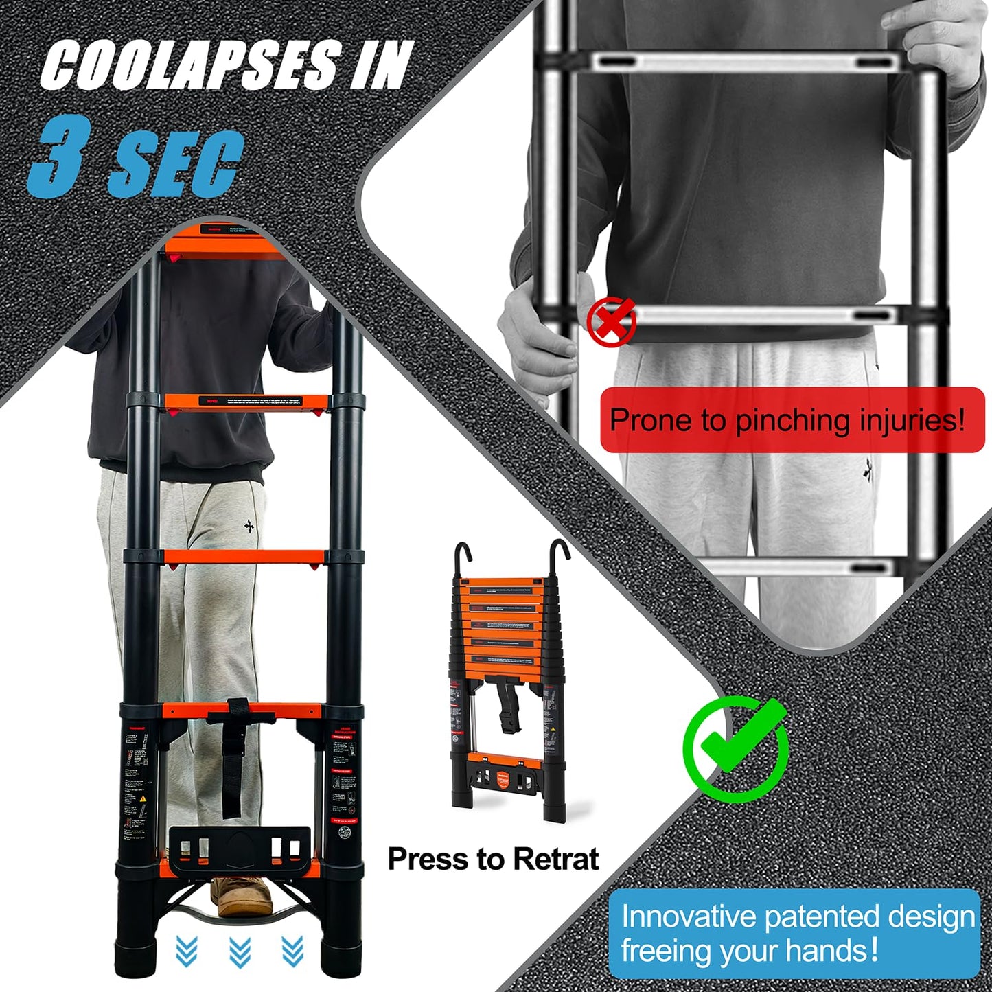 AOPENG 12.5FT Telescoping Ladder,Quick Folding Aluminum Extension Ladder for RV/Home/Outdoor, 330lbs Max Load Orange