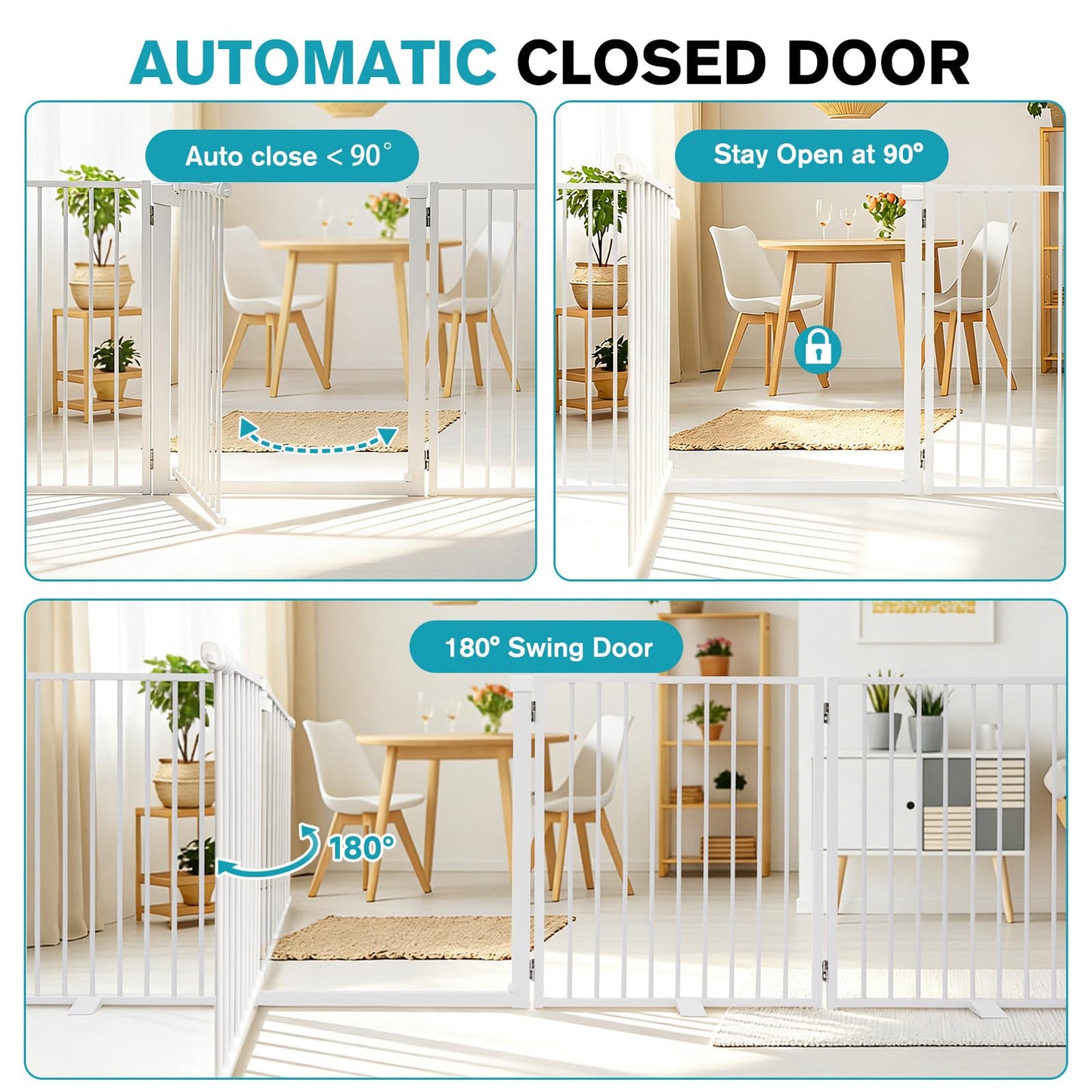 Snagle Paw Extra Wide Dog Gate,Free Standing Dog Fence with Door, Up to 208 Inch Wide Pet Gate with Support Feet for Stairs, Hallways, Doorways, Yard (White, 8 Panels)